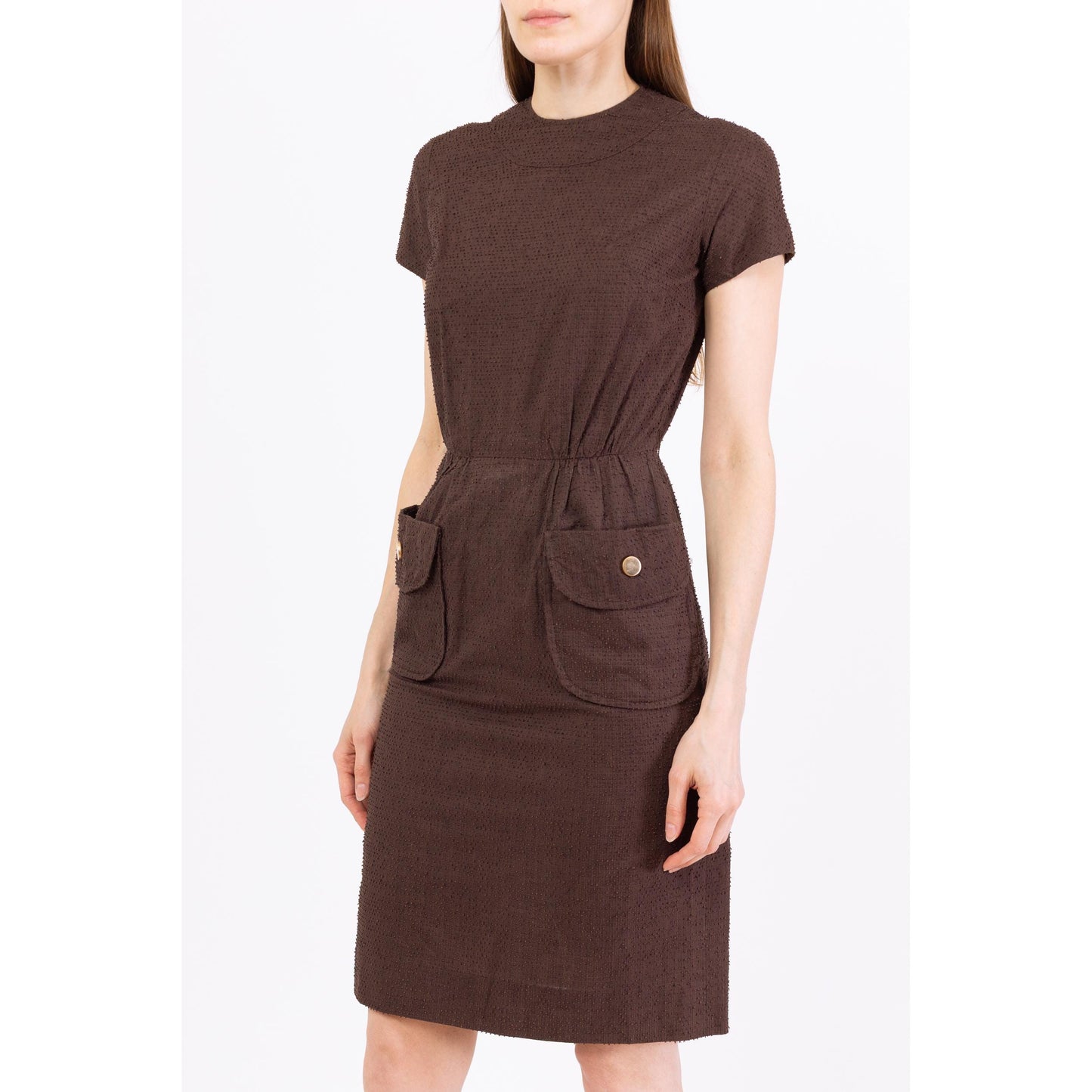 Vintage 60s Chocolate Brown Mini Wiggle Dress - Extra Small | Retro Pocket Dress, Cotton Sheath Dress, Classic Style