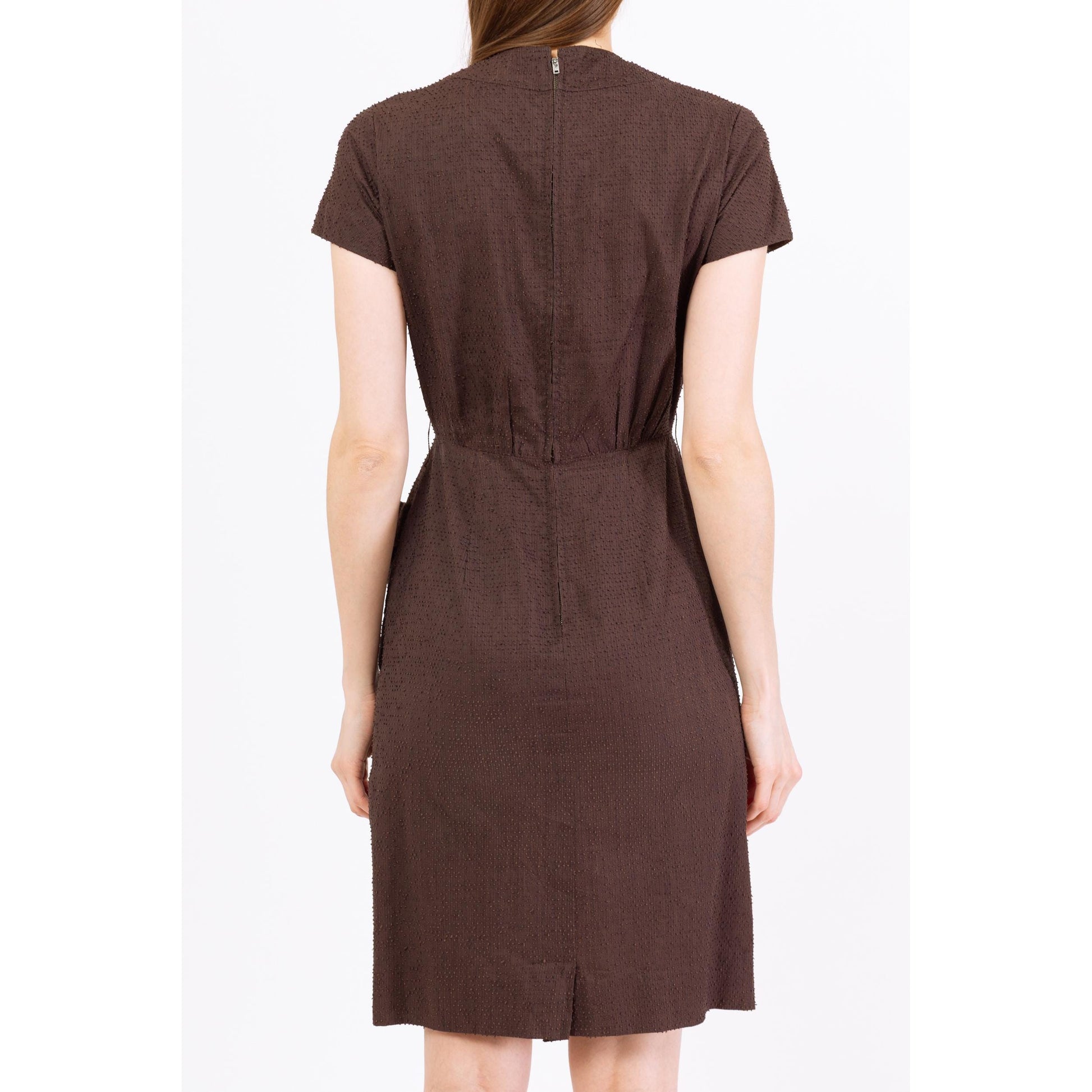 brown wiggle dress wiggle dress brown floral medallion taffeta 3/4 sleeves vintage 50s 1950s SMALL S