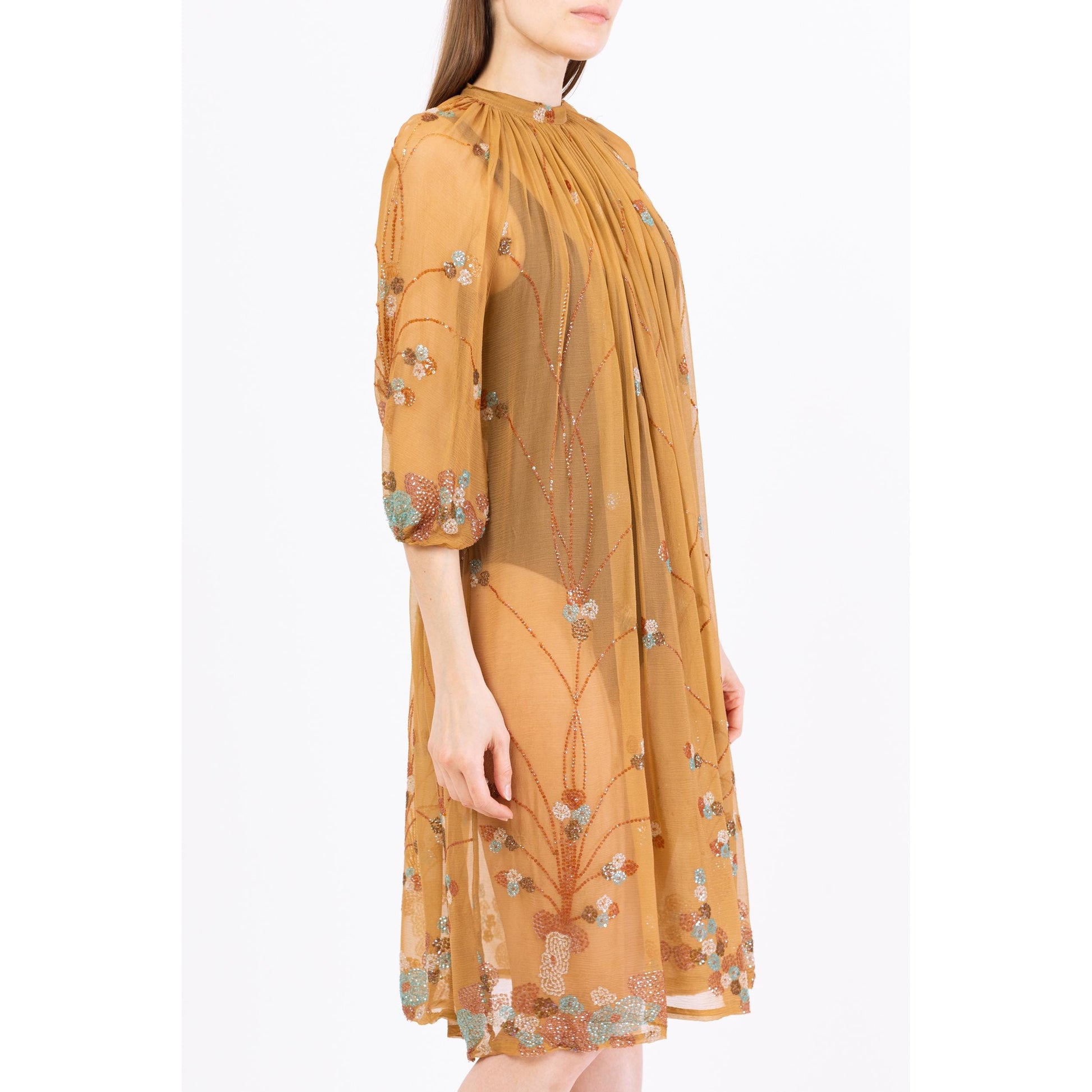 Vintage 70s Boho Glam Sheer Nude Silk Beaded Kaftan - XS to Small | 1970s Goddess Dress, Bohemian Festival Outfit, Stevie Nicks Dress