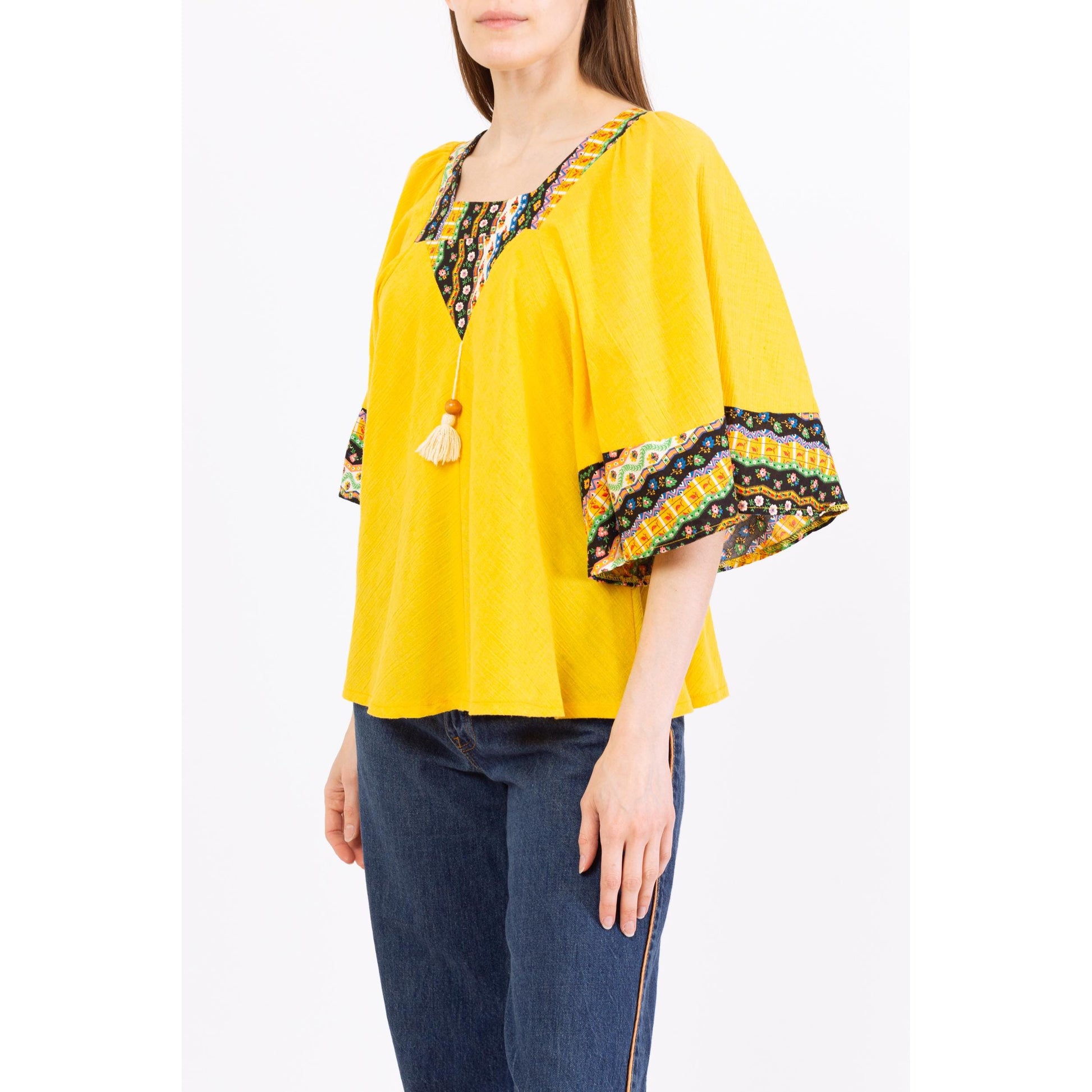 Vintage 70s Boho Yellow Bell Sleeve Hippie Blouse - Medium | Bohemian Floral Trim 3/4 Sleeve Tent Top, Festival Clothing