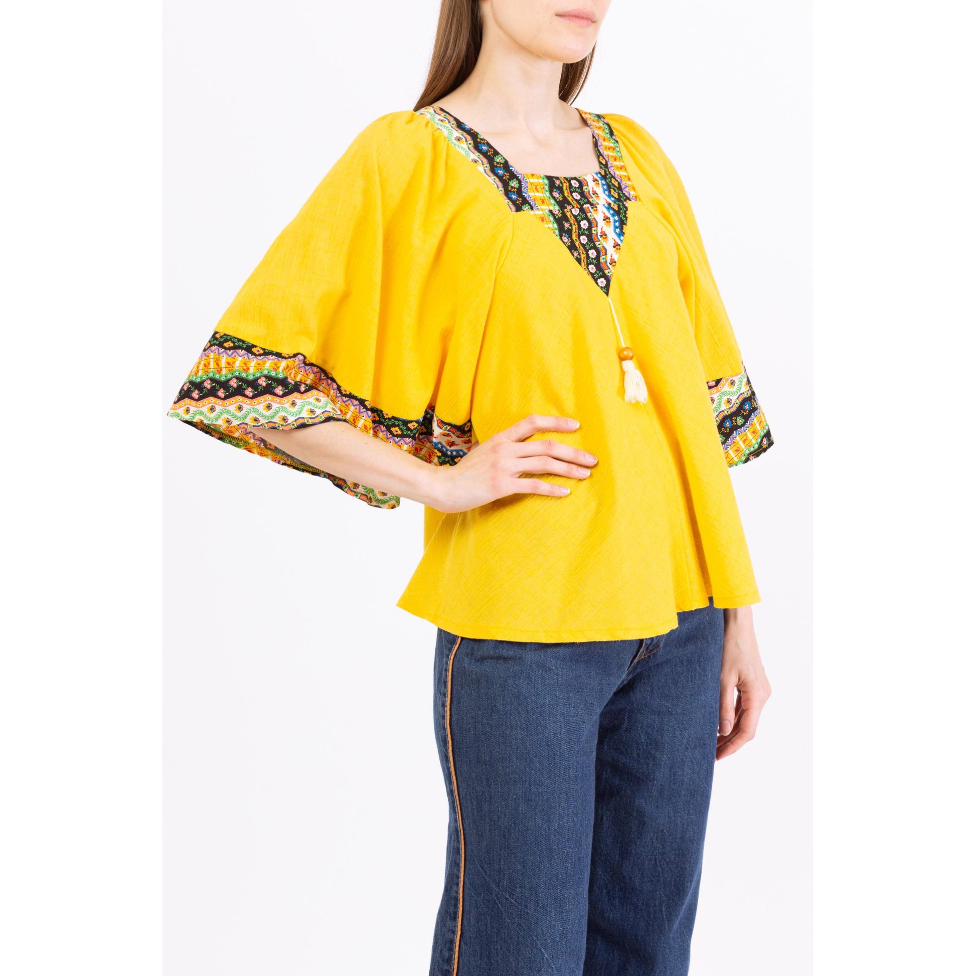 Vintage 70s Boho Yellow Bell Sleeve Hippie Blouse - Medium | Bohemian Floral Trim 3/4 Sleeve Tent Top, Festival Clothing