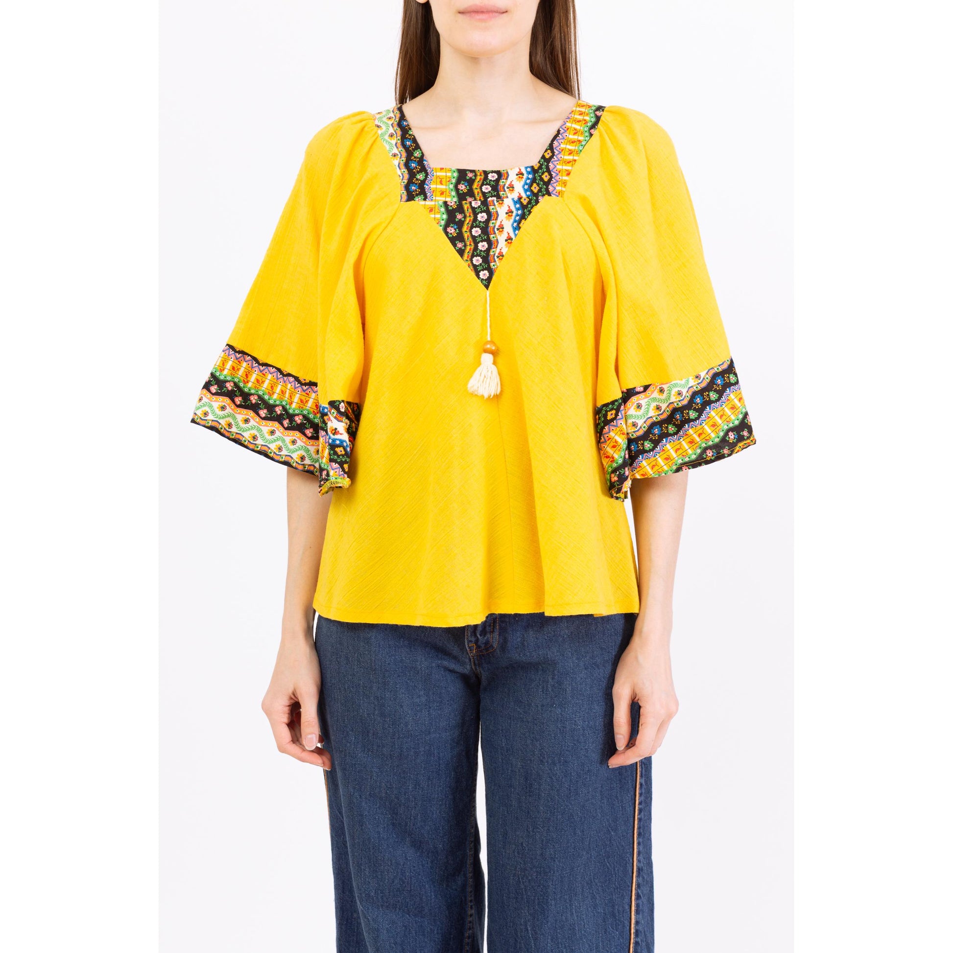 Vintage 70s Boho Yellow Bell Sleeve Hippie Blouse - Medium | Bohemian Floral Trim 3/4 Sleeve Tent Top, Festival Clothing