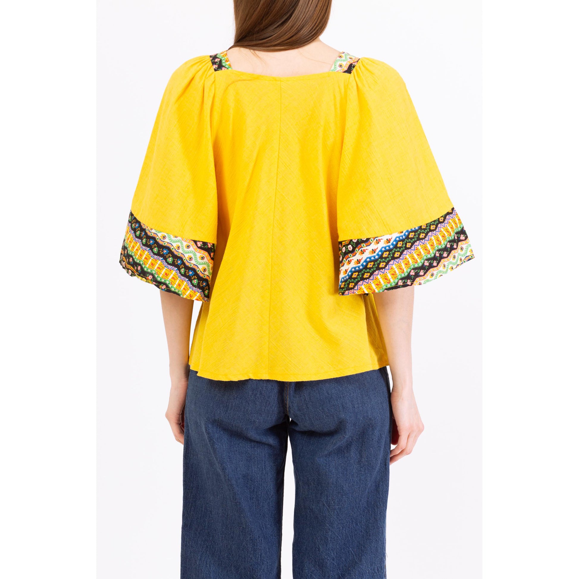 Vintage 70s Boho Yellow Bell Sleeve Hippie Blouse - Medium | Bohemian Floral Trim 3/4 Sleeve Tent Top, Festival Clothing