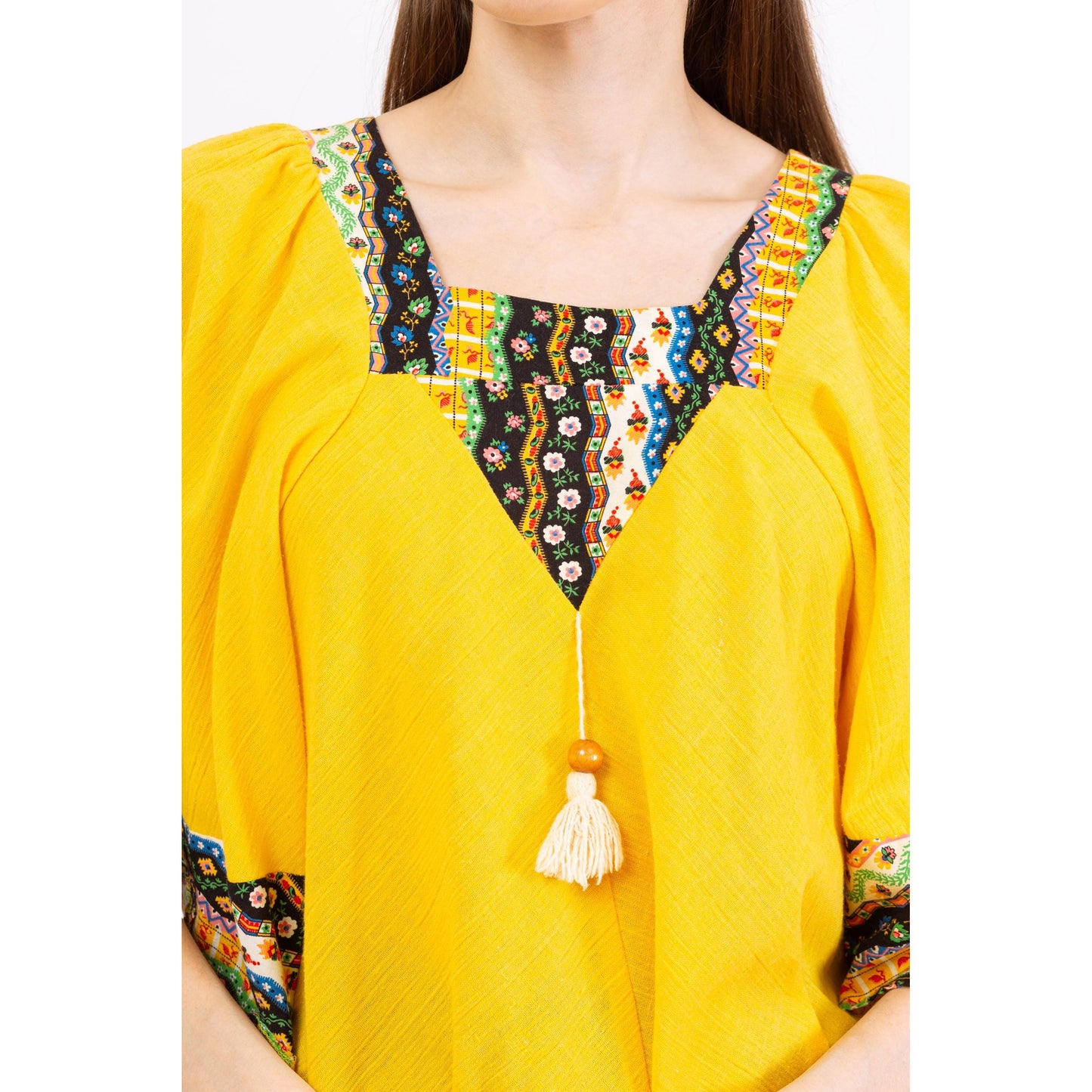 Vintage 70s Boho Yellow Bell Sleeve Hippie Blouse - Medium | Bohemian Floral Trim 3/4 Sleeve Tent Top, Festival Clothing