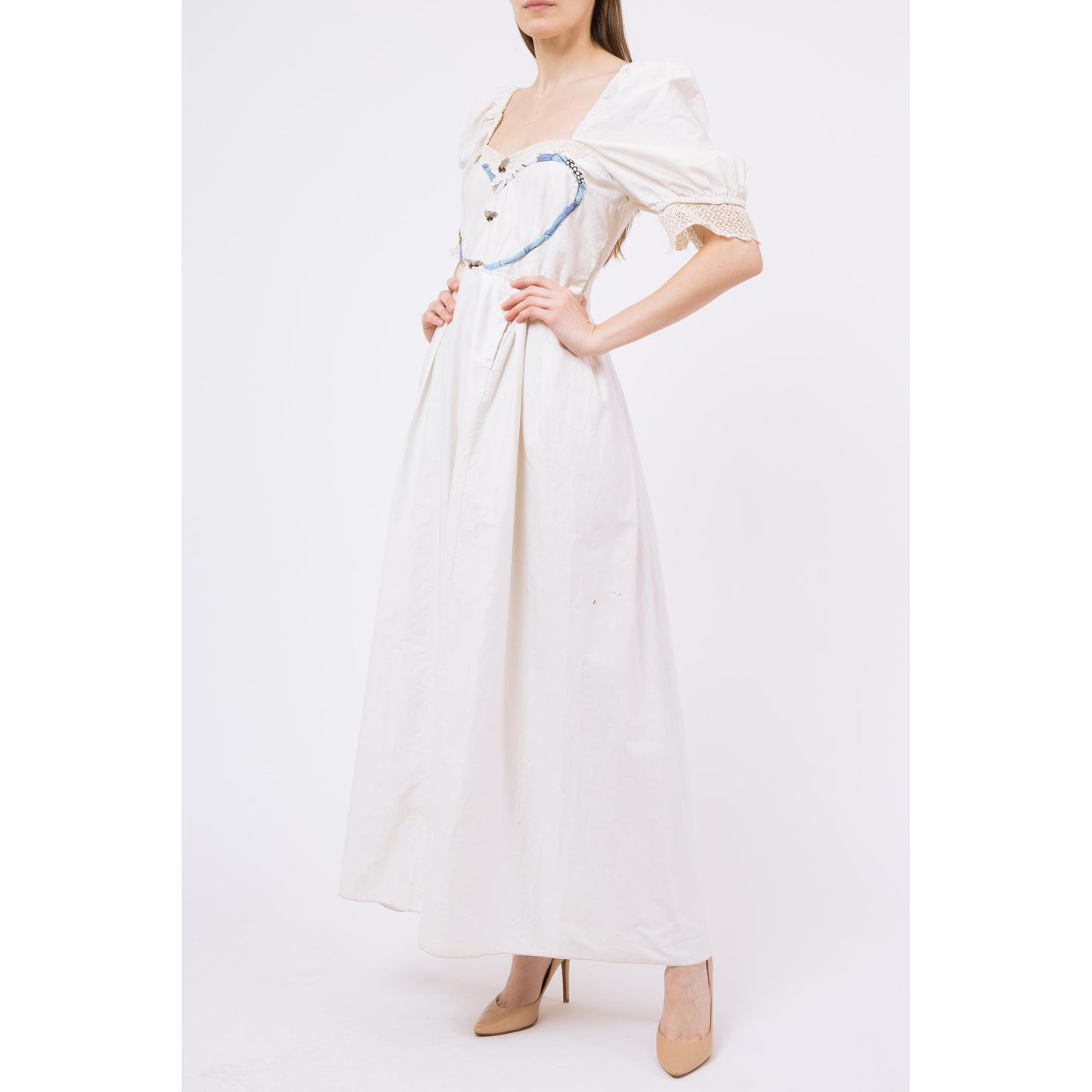 Medium Antique 1900s Romantic White Cotton Heart Applique Dress | Vintage Edwardian Lace Puff Sleeve Prairie Wedding Gown