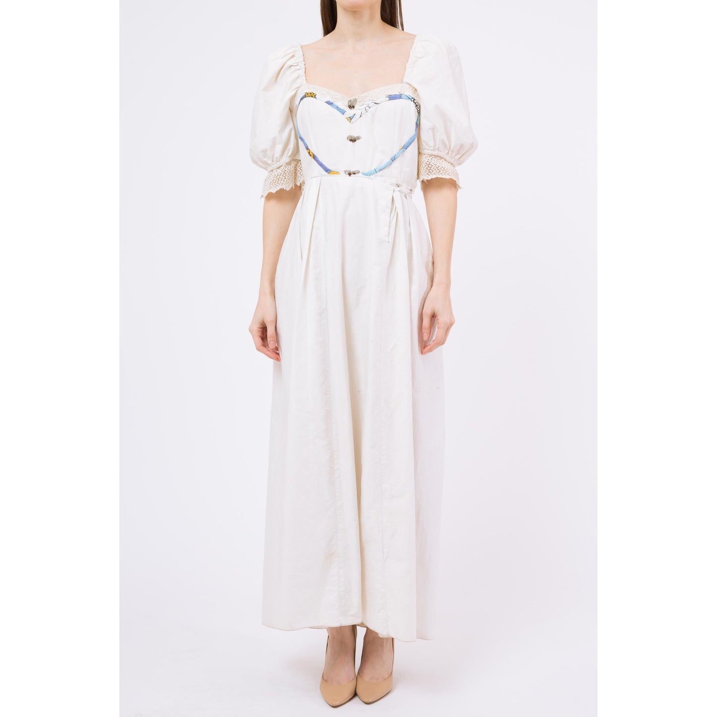 Medium Antique 1900s Romantic White Cotton Heart Applique Dress | Vintage Edwardian Lace Puff Sleeve Prairie Wedding Gown