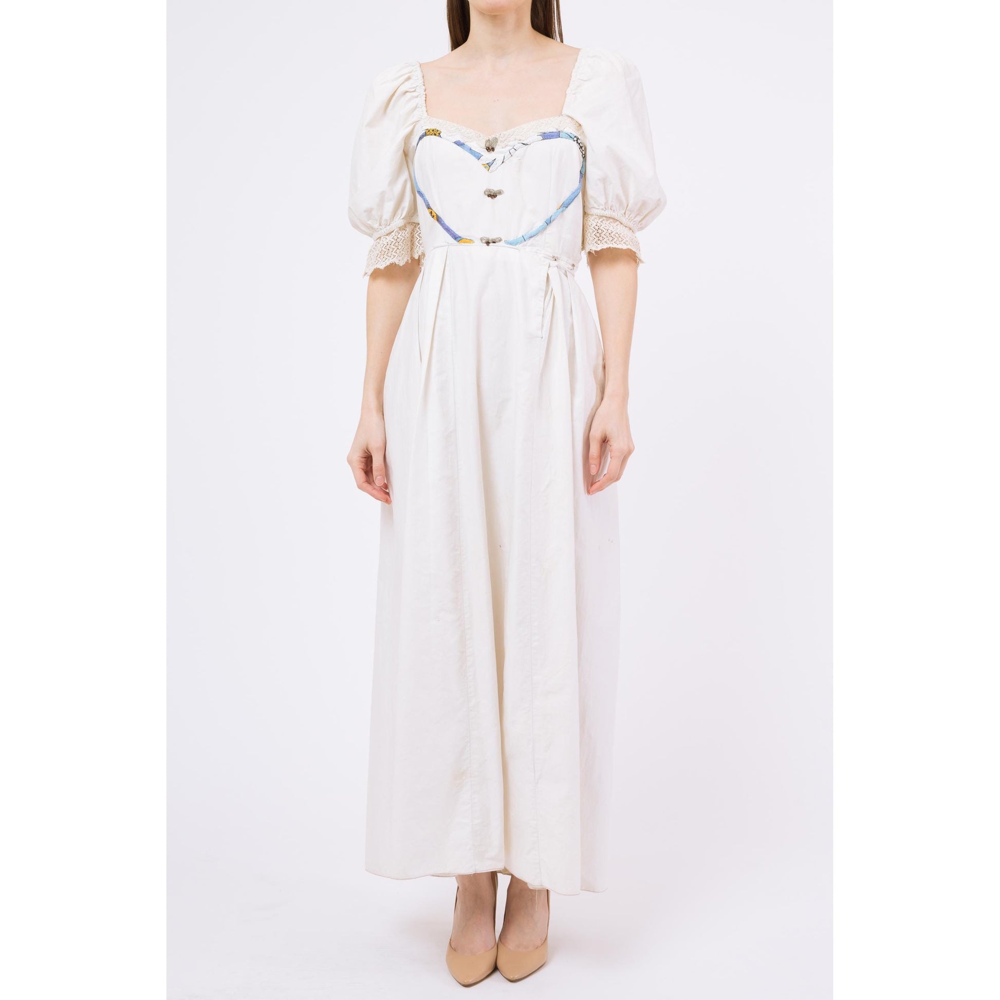 Medium Antique 1900s Romantic White Cotton Heart Applique Dress | Vintage Edwardian Lace Puff Sleeve Prairie Wedding Gown