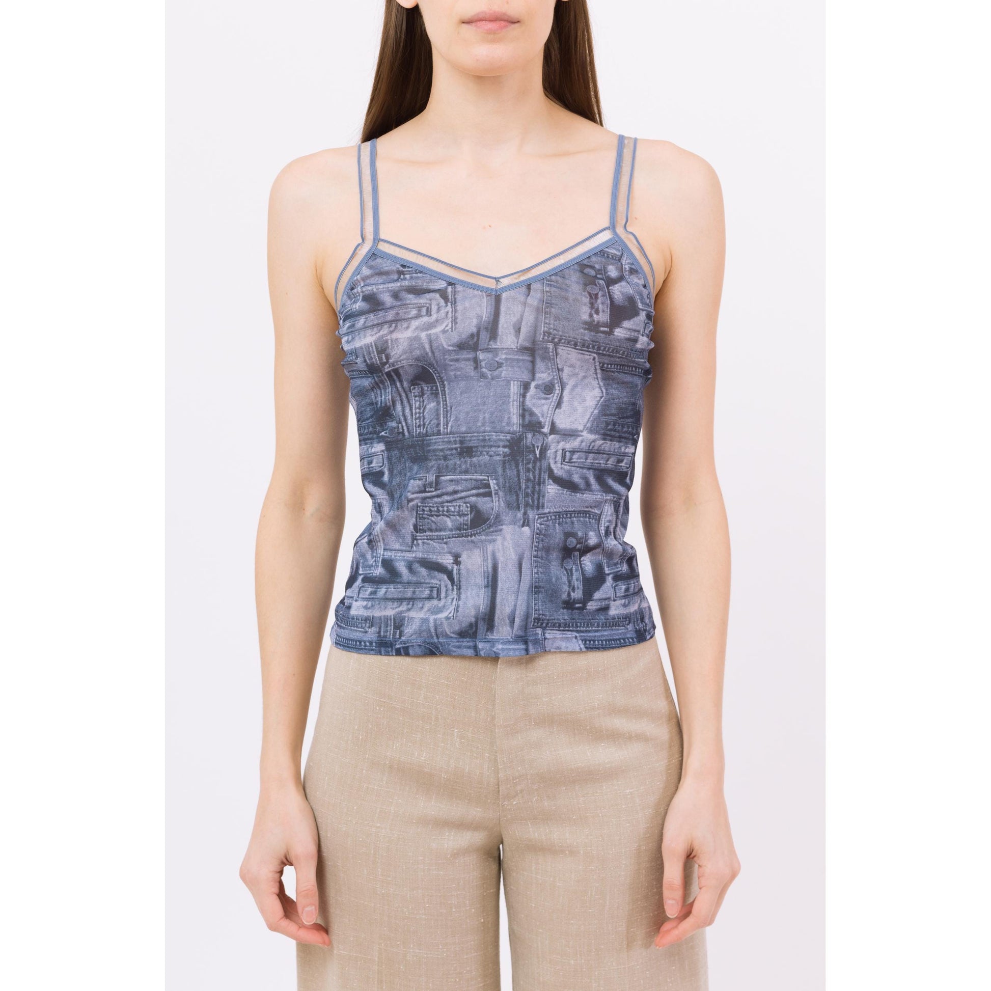 Small Y2K Blue Jean Pocket All Over Print Mesh Top | Vintage Sleeveless Denim Graphic Fitted Camisole Tank