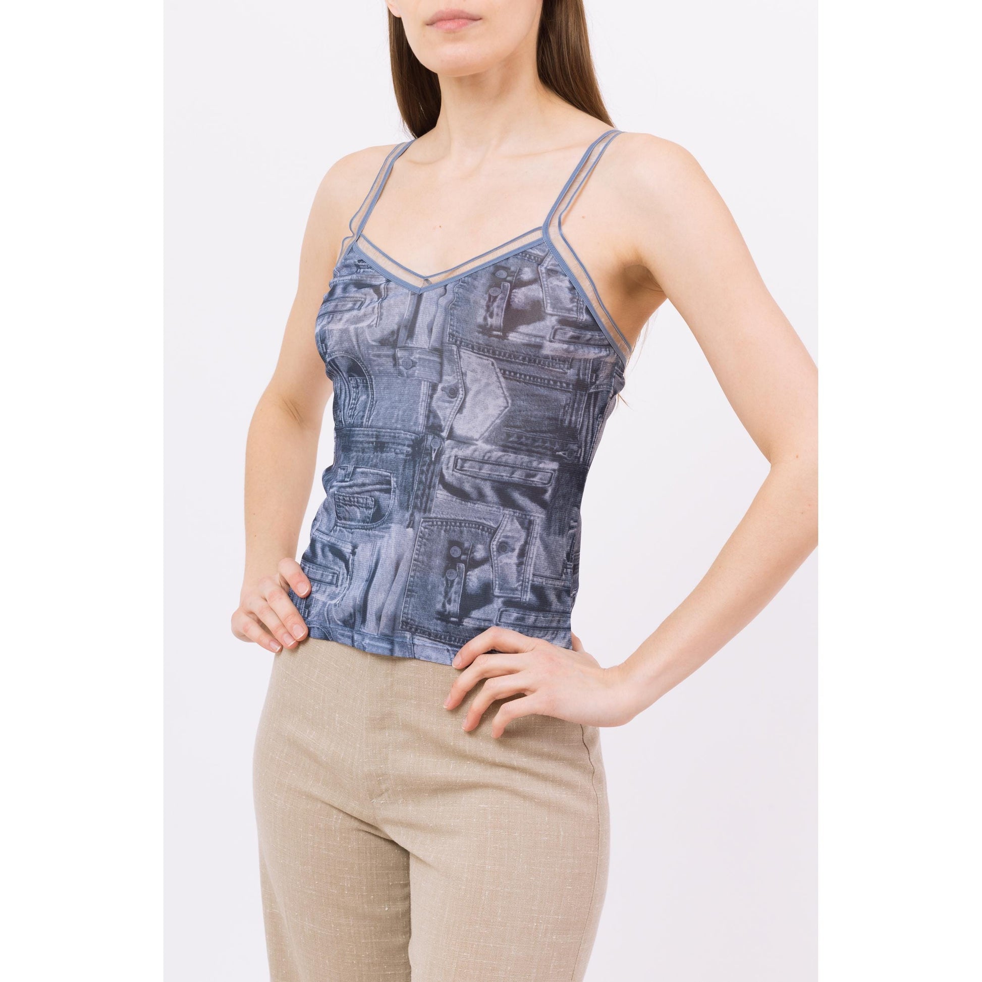 Small Y2K Blue Jean Pocket All Over Print Mesh Top | Vintage Sleeveless Denim Graphic Fitted Camisole Tank