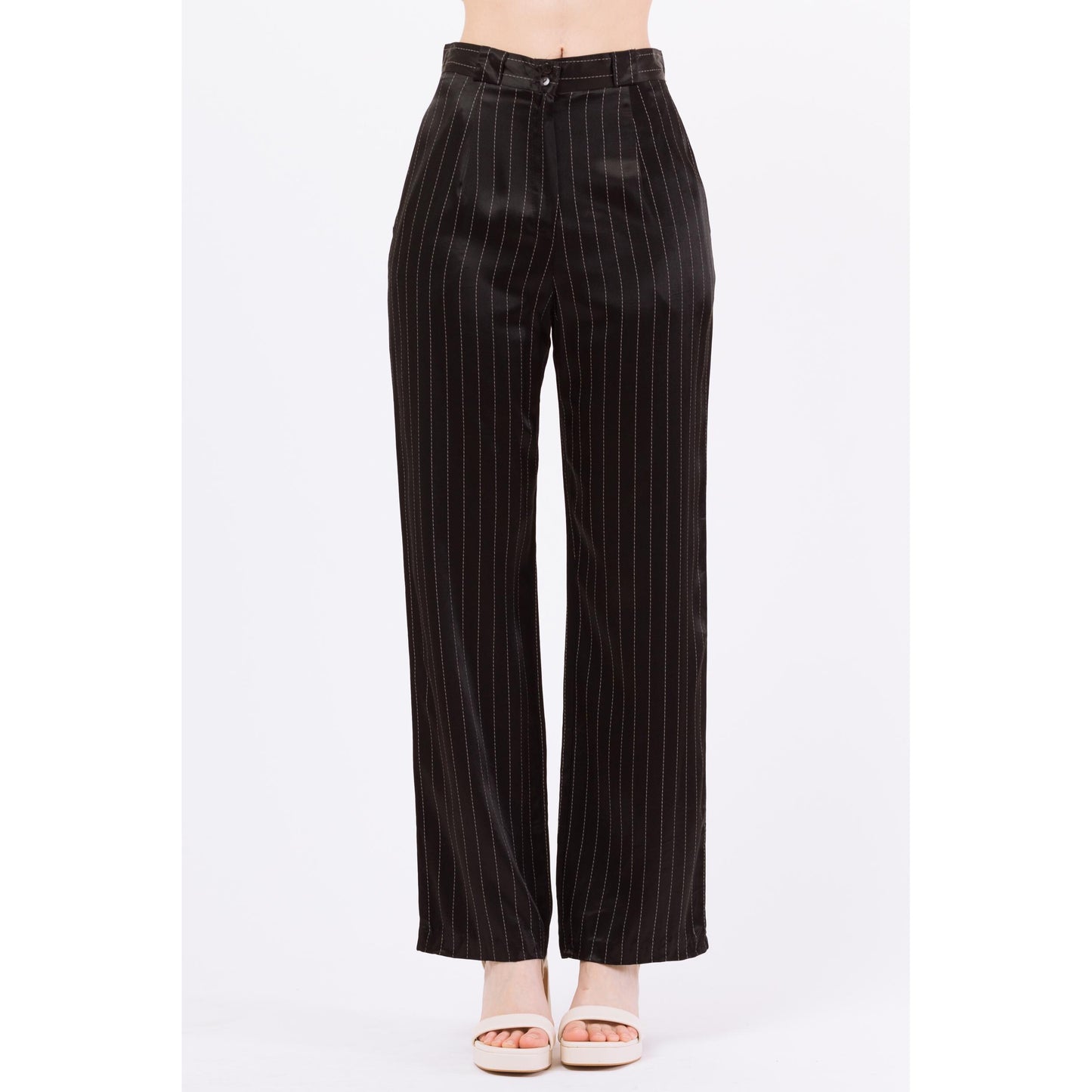 Small 90s Black Pinstriped Satin Straight Leg Trousers 27" | Retro Vintage High Waisted Striped Punk Pants