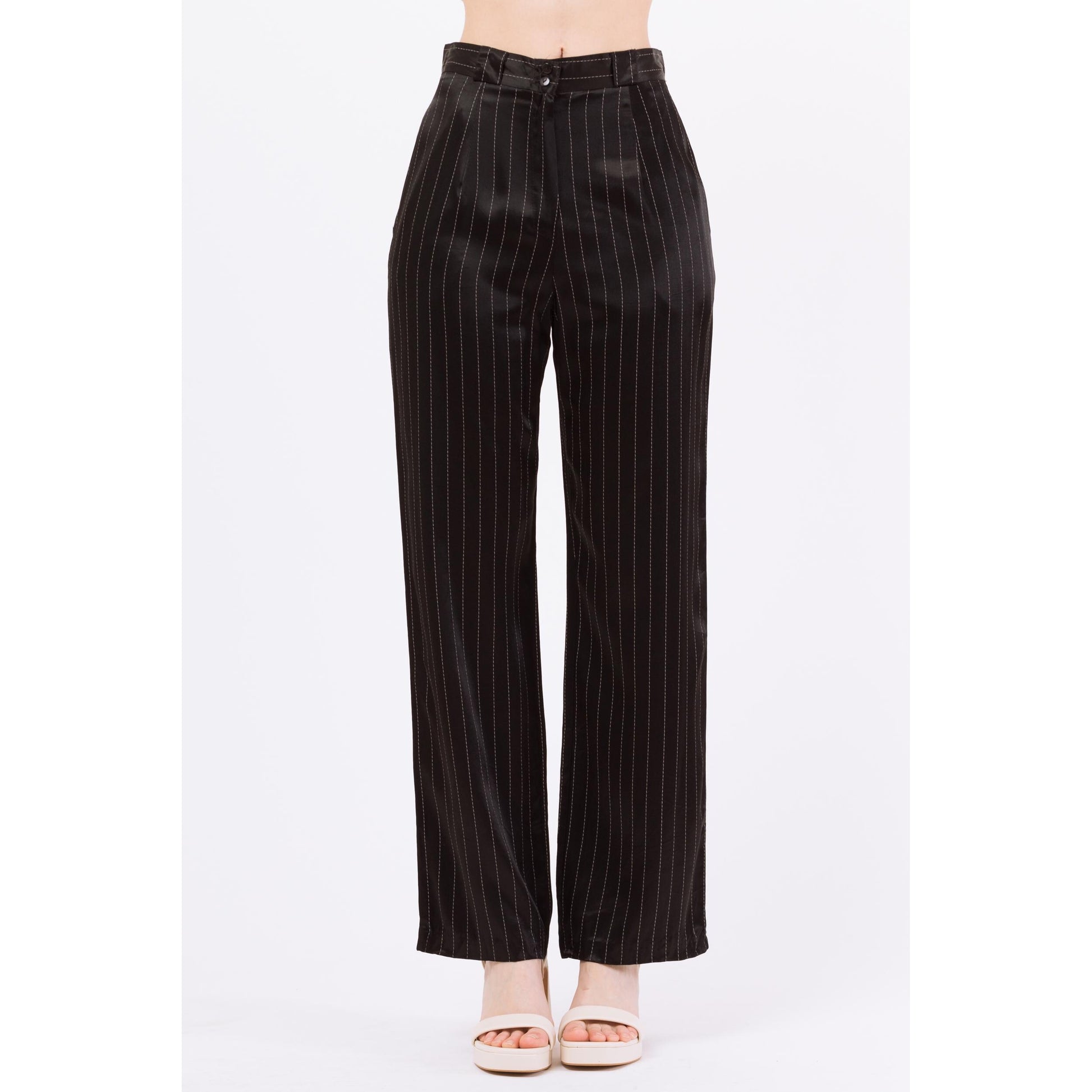 Small 90s Black Pinstriped Satin Straight Leg Trousers 27" | Retro Vintage High Waisted Striped Punk Pants