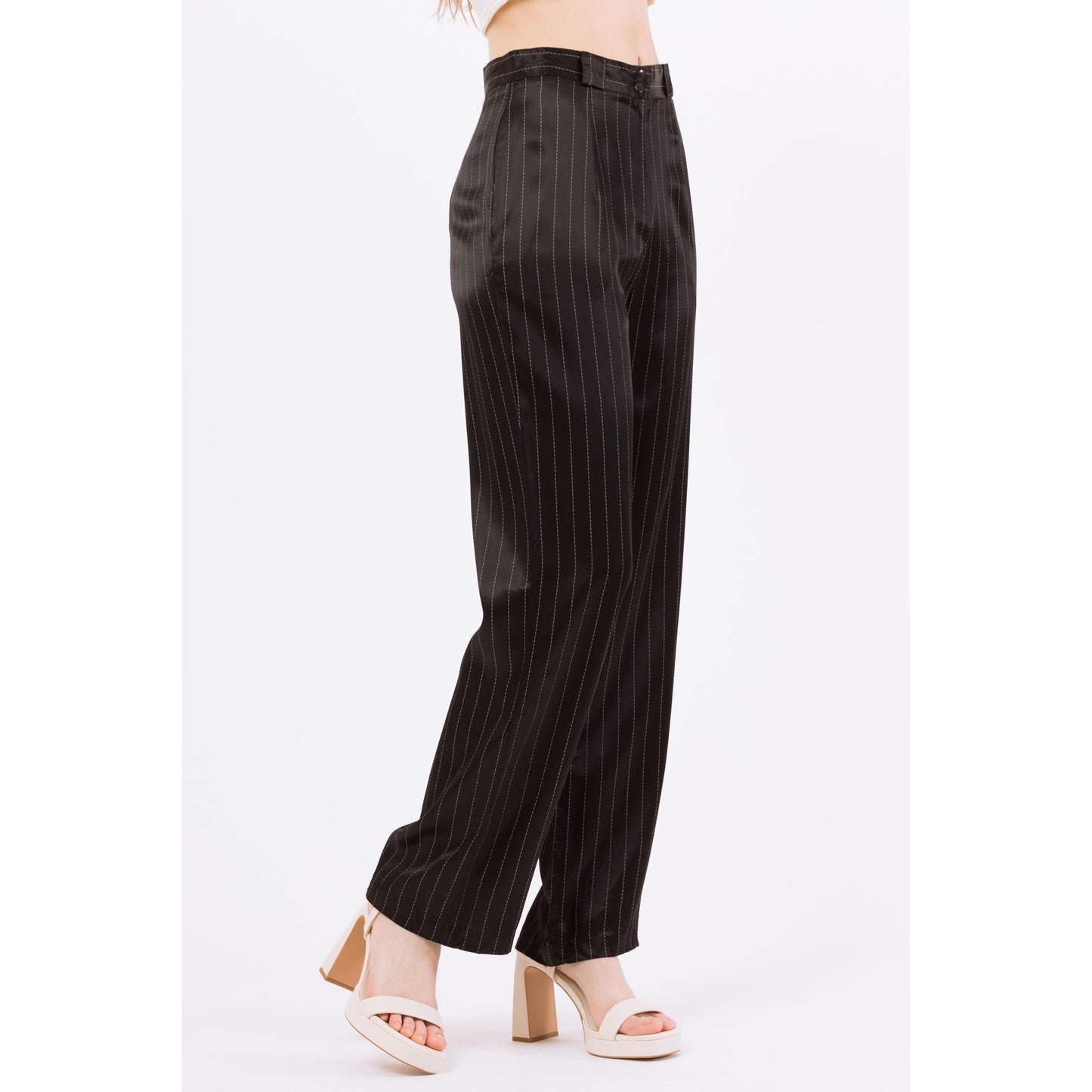 Small 90s Black Pinstriped Satin Straight Leg Trousers 27" | Retro Vintage High Waisted Striped Punk Pants