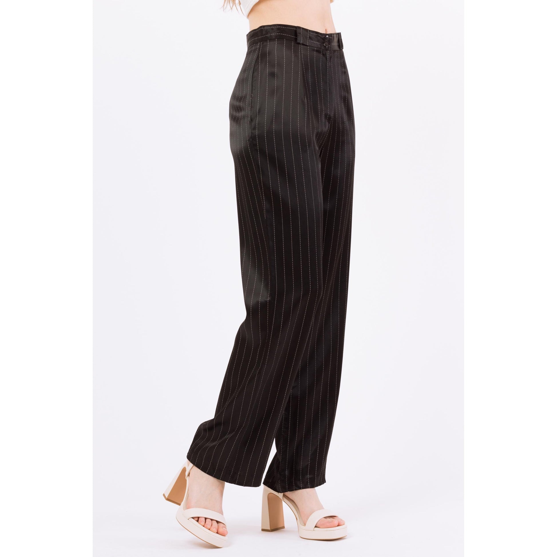 Small 90s Black Pinstriped Satin Straight Leg Trousers 27" | Retro Vintage High Waisted Striped Punk Pants