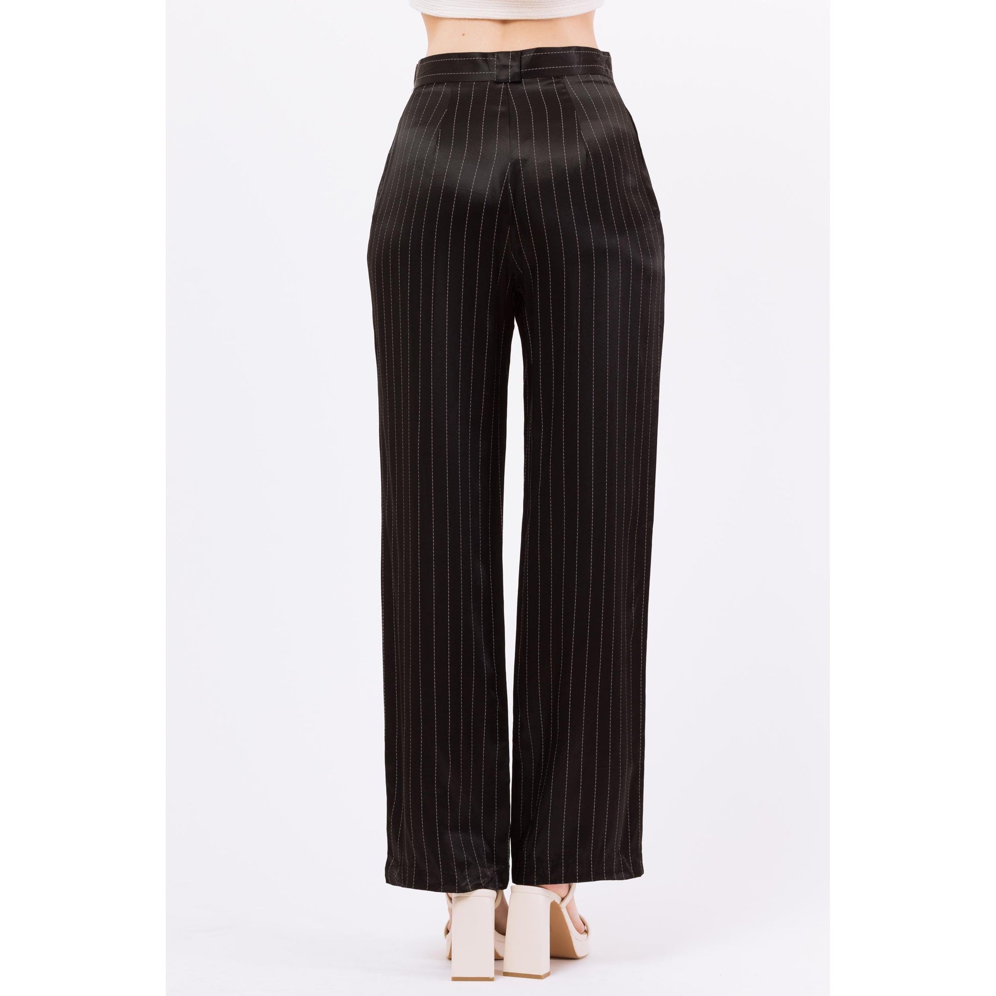 Small 90s Black Pinstriped Satin Straight Leg Trousers 27" | Retro Vintage High Waisted Striped Punk Pants