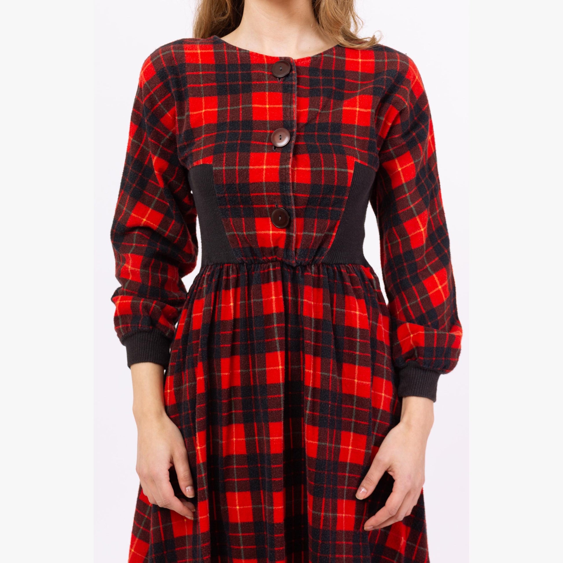 Vintage 80s Red & Black Plaid Cotton Flannel Midi Dress – XXS | Fit Flare Shirtdress, Long Sleeve Retro Dress