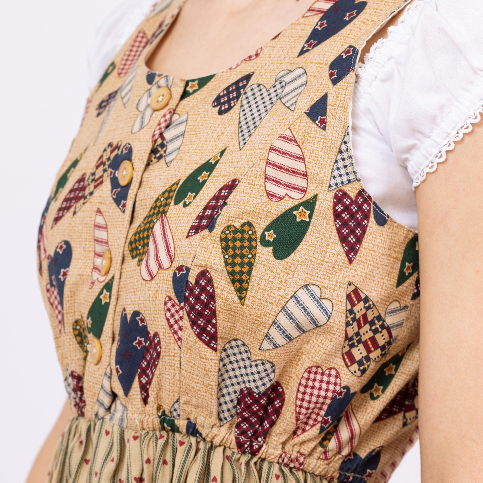 Vintage 70s Heart Print Dirndl Dress - Petite XS to Small | Boho Folk Pinafore Midi Dress, Oktoberfest Cottagecore Trachten Dress