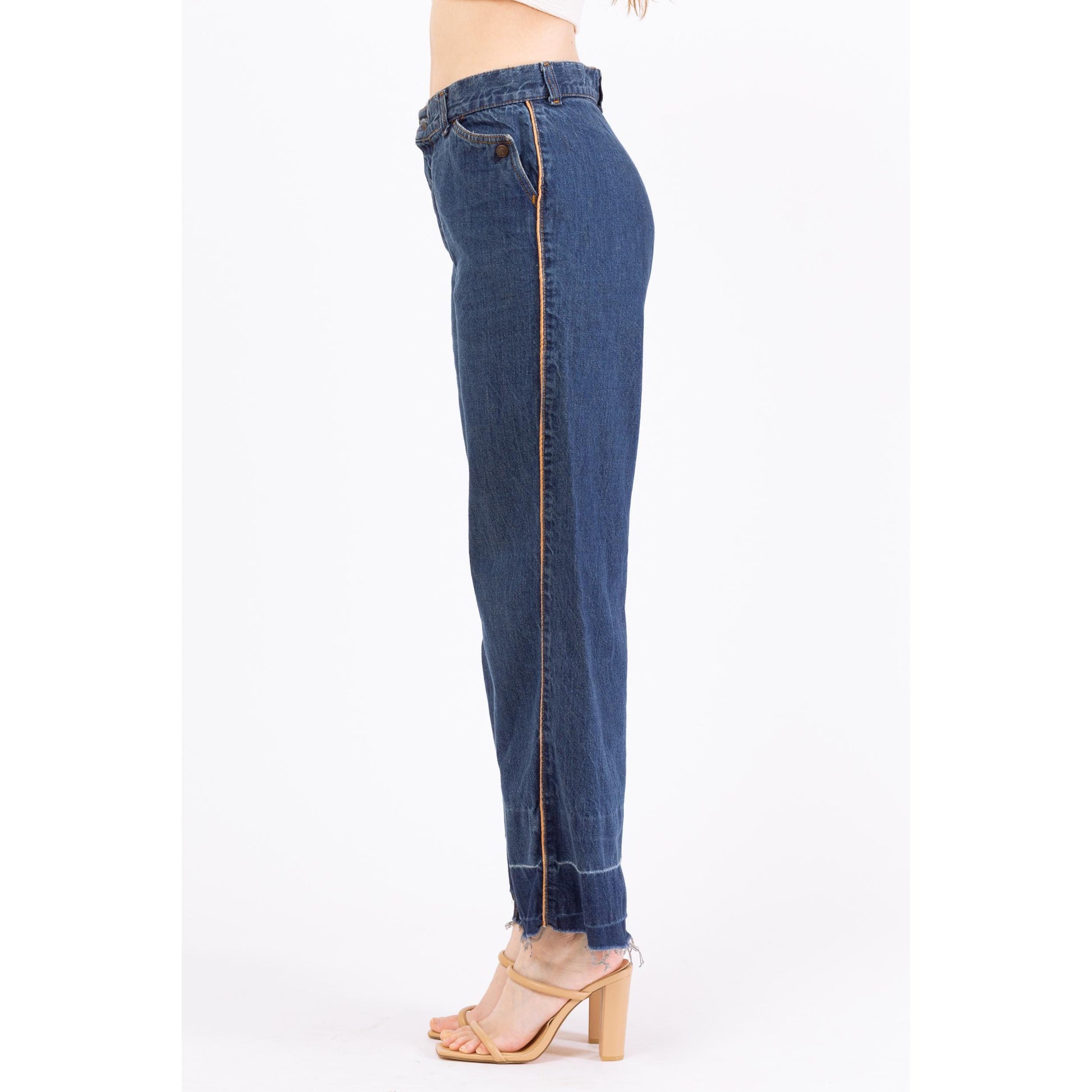 Vintage 70s Levis High Waisted Straight Leg Button Pocket Jeans - Small to Medium, 28" Waist | Boho Levi’s Piped Trim Dark Wash Denim