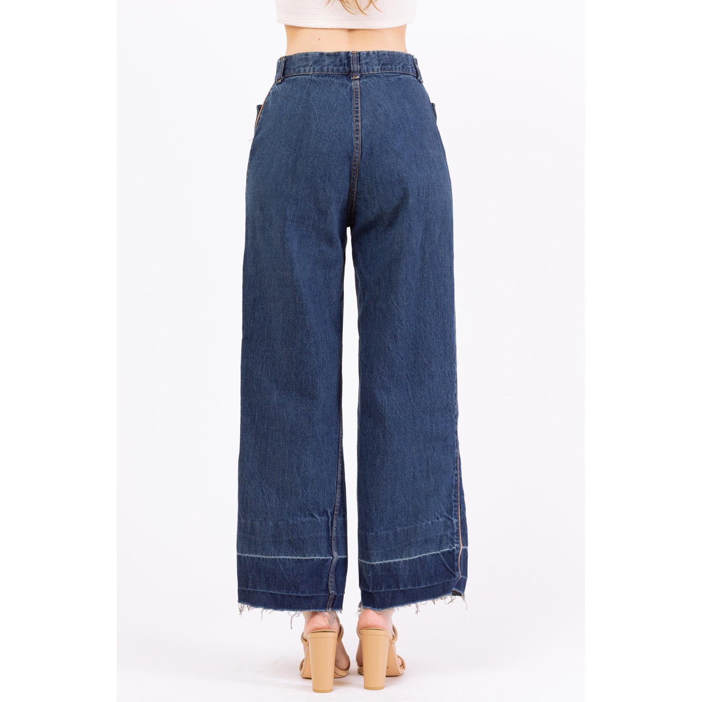 Vintage 70s Levis High Waisted Straight Leg Button Pocket Jeans - Small to Medium, 28" Waist | Boho Levi’s Piped Trim Dark Wash Denim