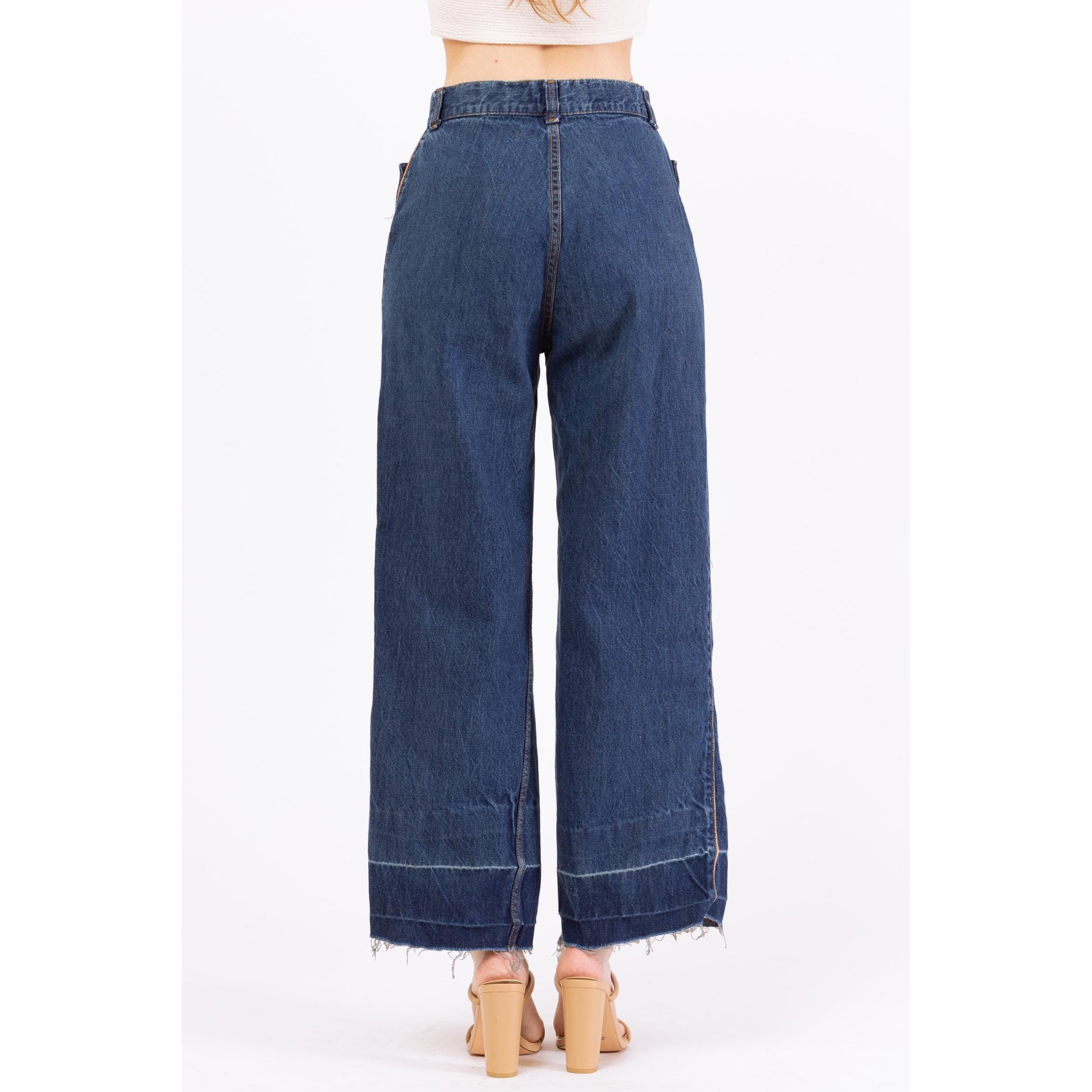 Vintage 70s Levis High Waisted Straight Leg Button Pocket Jeans - Small to Medium, 28" Waist | Boho Levi’s Piped Trim Dark Wash Denim