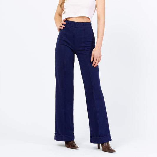 Vintage 70s Navy Blue Knit High Waisted Cuffed Pants - XXS, 22"-24" Waist | Retro Bootcut Leg Casual Stretchy Trousers