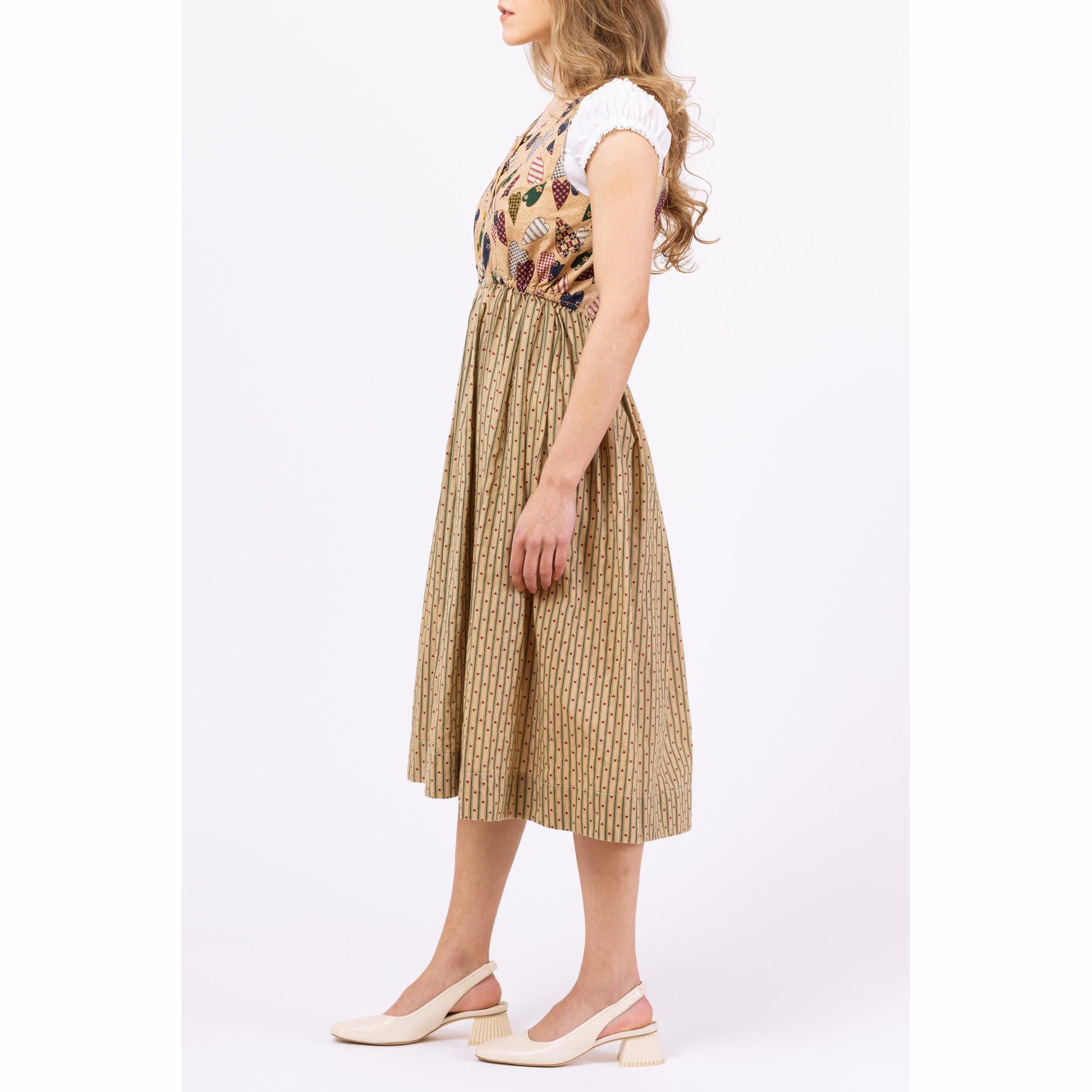 Vintage 70s Heart Print Dirndl Dress - Petite XS to Small | Boho Folk Pinafore Midi Dress, Oktoberfest Cottagecore Trachten Dress