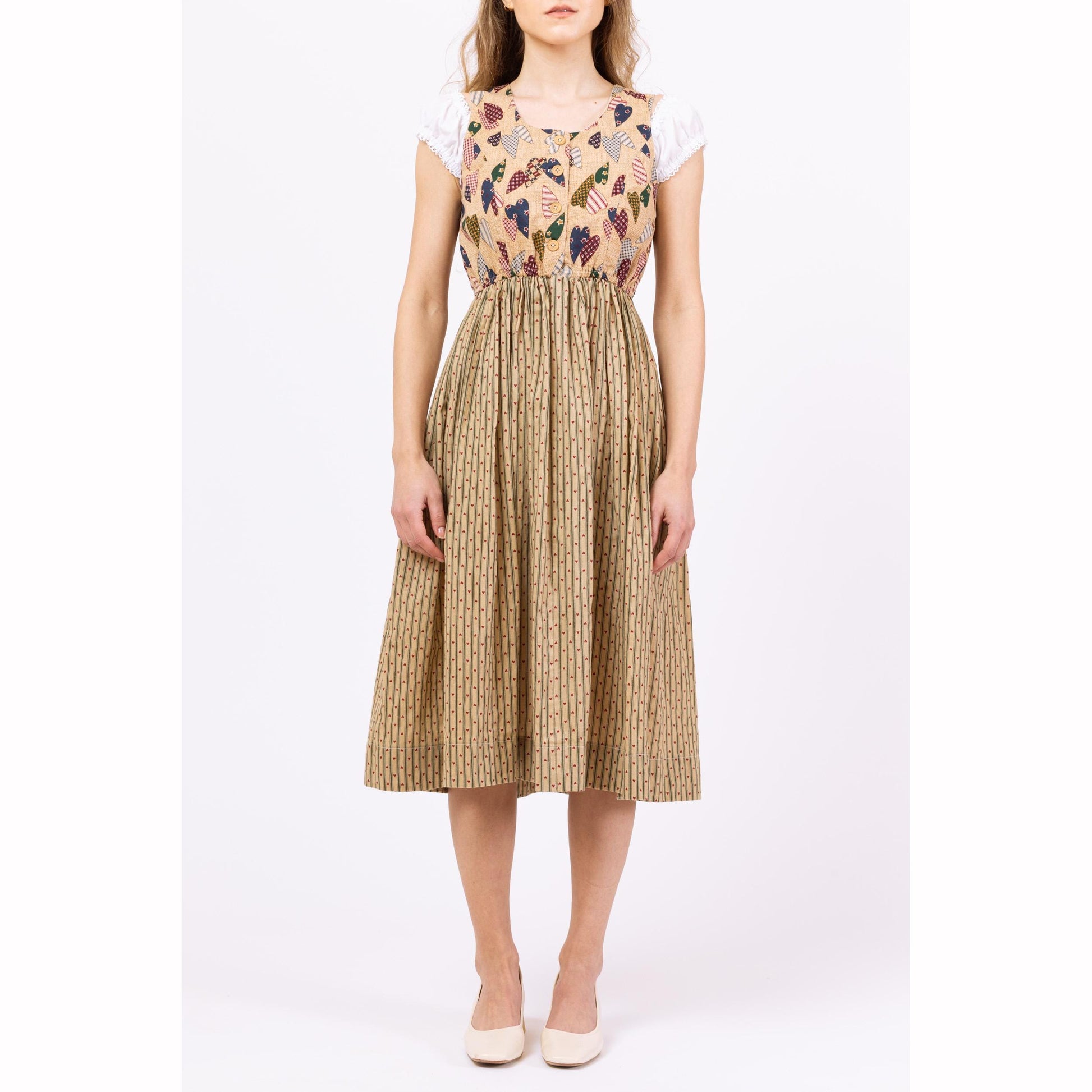 Vintage 70s Heart Print Dirndl Dress - Petite XS to Small | Boho Folk Pinafore Midi Dress, Oktoberfest Cottagecore Trachten Dress