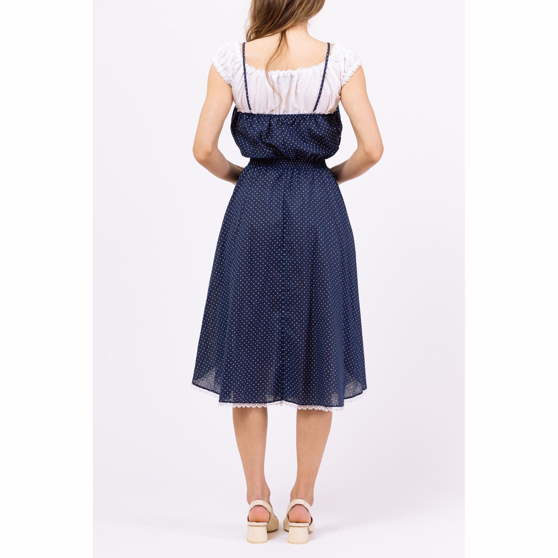 Vintage 70s Navy Blue Polka Dot Midi Sundress - Extra Small | Sleeveless Cottagecore Prairie Dress, Lace Trim Fit & Flare Retro Dress