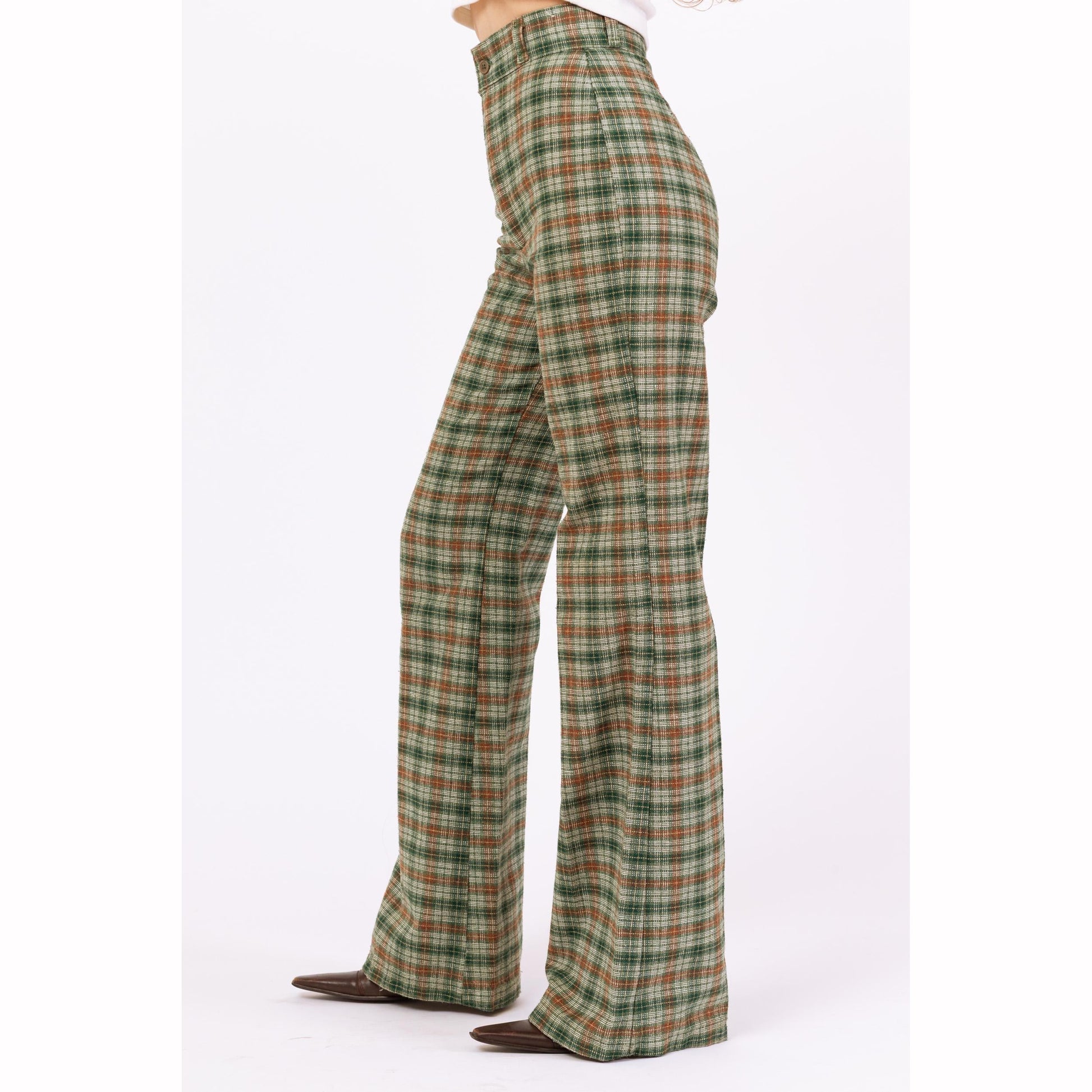Vintage 70s Green Plaid Knit Flare Pants - XXS, 23" Waist | High Waisted Wide Leg Flared Retro Trousers