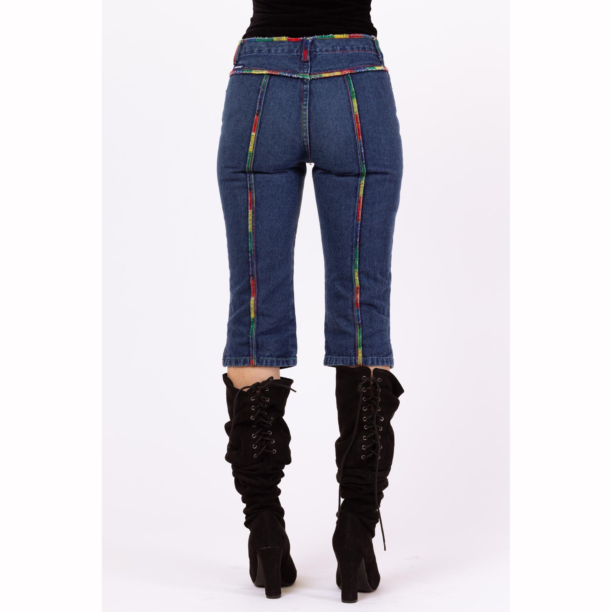 Vintage 90s Jordache Rainbow Stitch Capri Jeans - XXS | Low Rise Y2K Cropped Denim Streetwear Pants