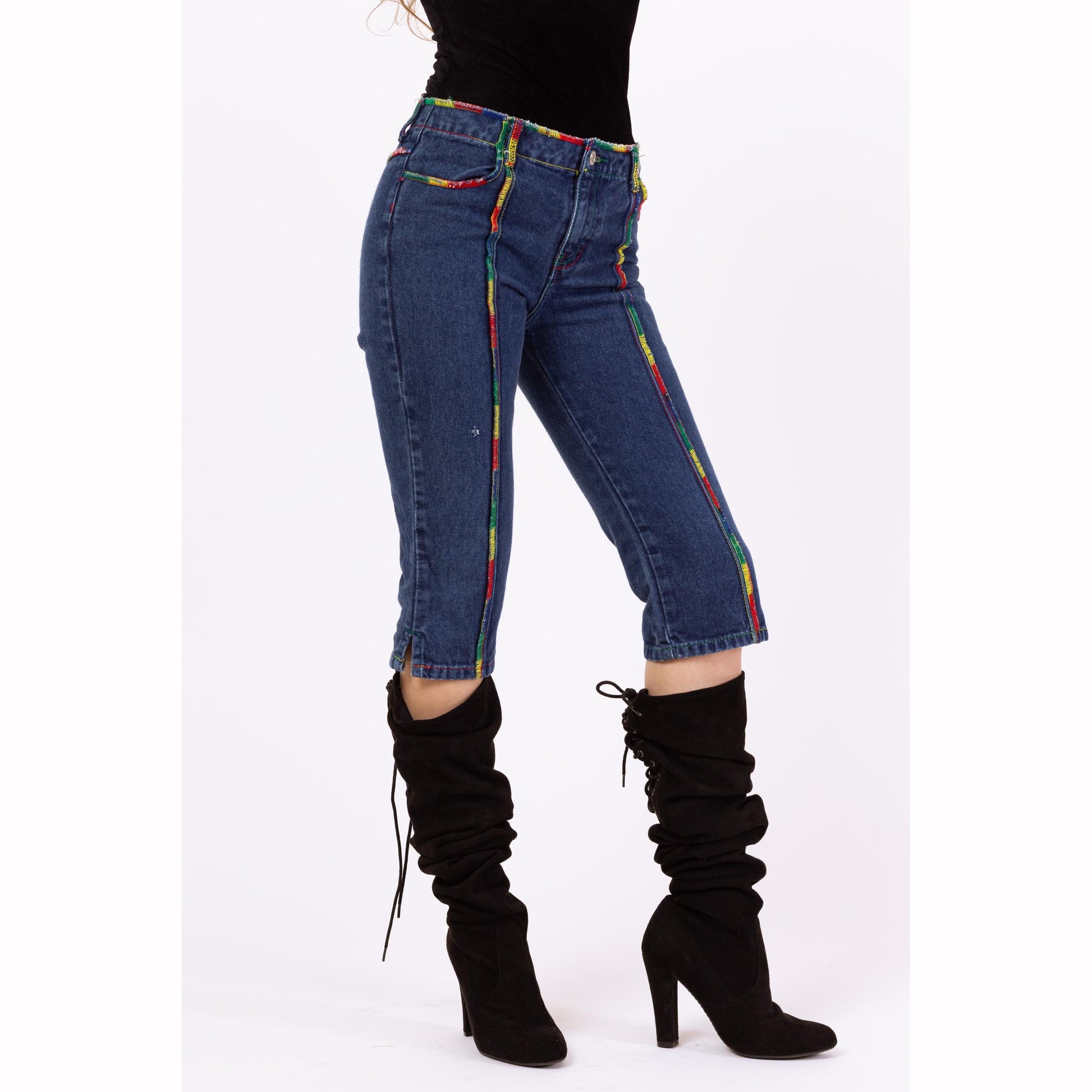 Vintage 90s Jordache Rainbow Stitch Capri Jeans - XXS | Low Rise Y2K Cropped Denim Streetwear Pants