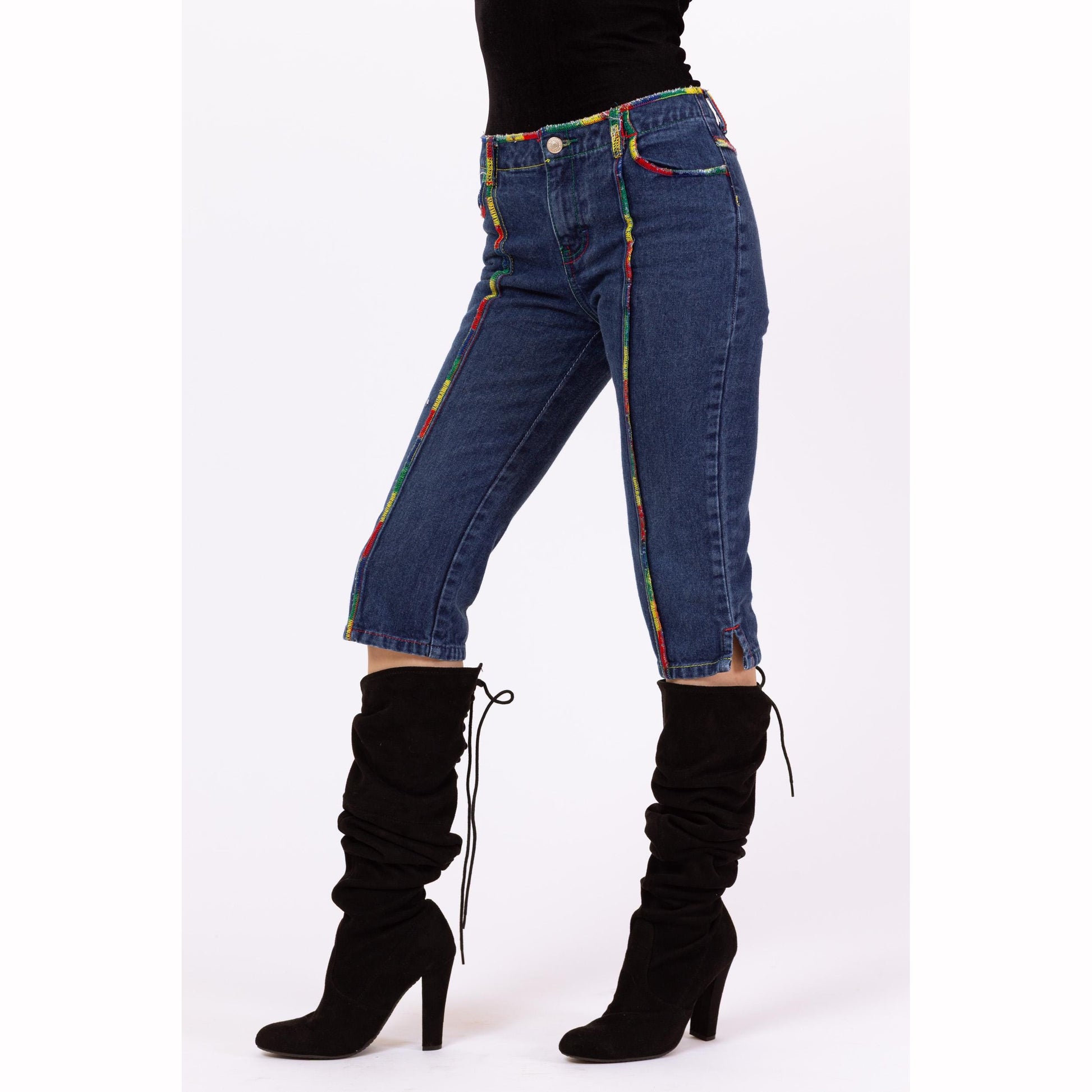 Vintage 90s Jordache Rainbow Stitch Capri Jeans - XXS | Low Rise Y2K Cropped Denim Streetwear Pants