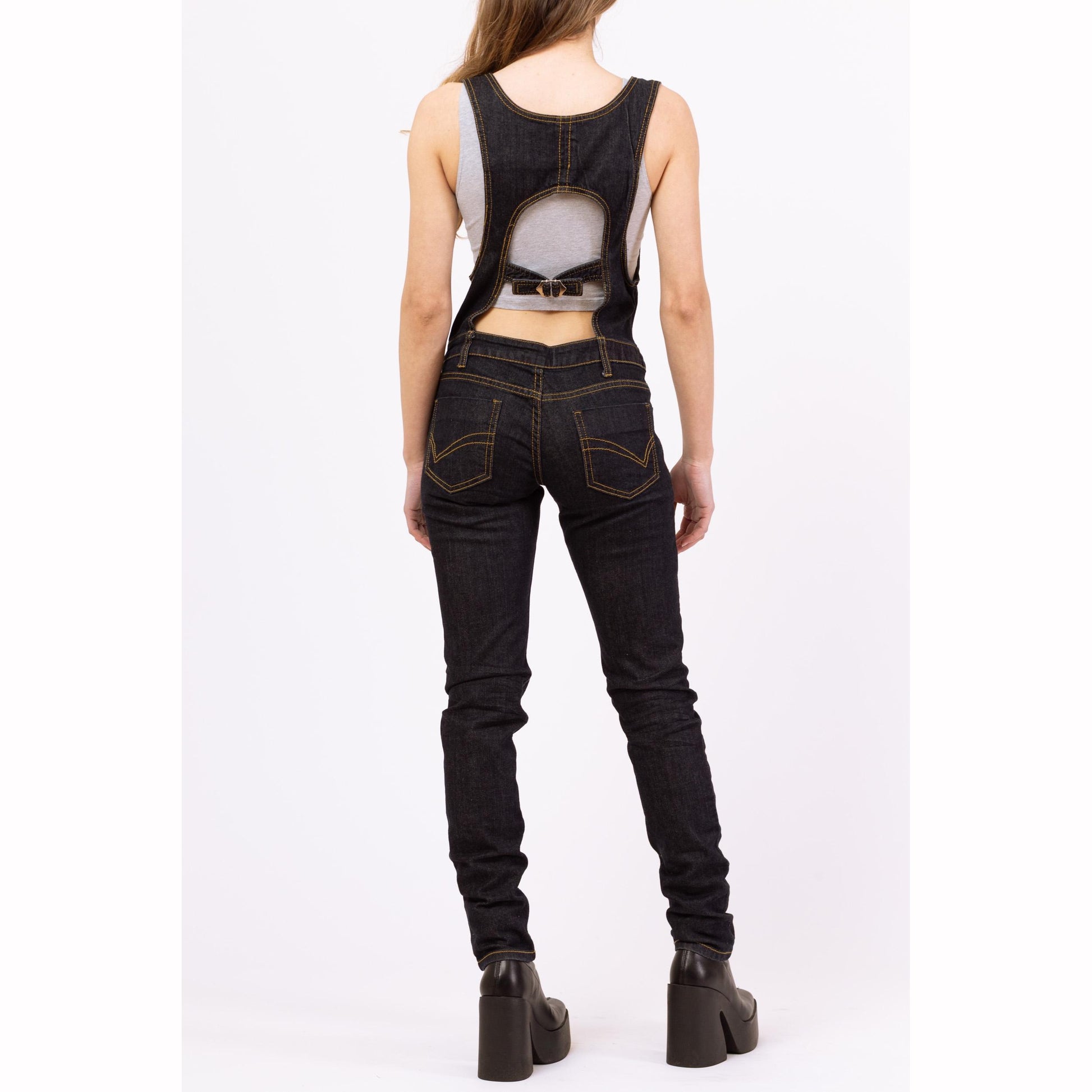 Vintage Y2K Dark Wash Skinny Jean Overalls - Extra Small | Indie Sleaze Denim Pinafore Open Back Jumpsuit