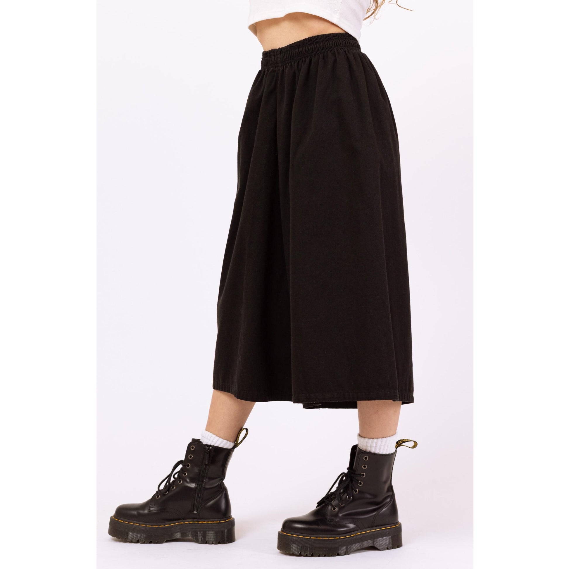 Vintage Y2K Black Wide Leg Culotte Pants - 21"-25" Waist | Casual Wide Leg Drawstring Pants, Grunge Minimalist Streetwear