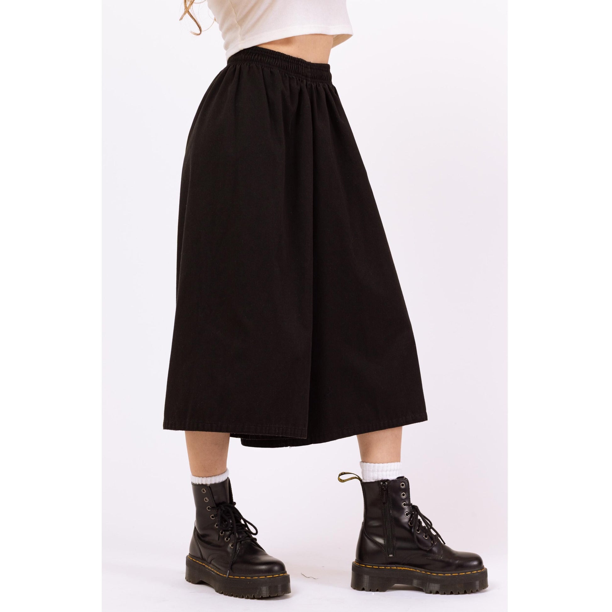 Vintage Y2K Black Wide Leg Culotte Pants - 21"-25" Waist | Casual Wide Leg Drawstring Pants, Grunge Minimalist Streetwear