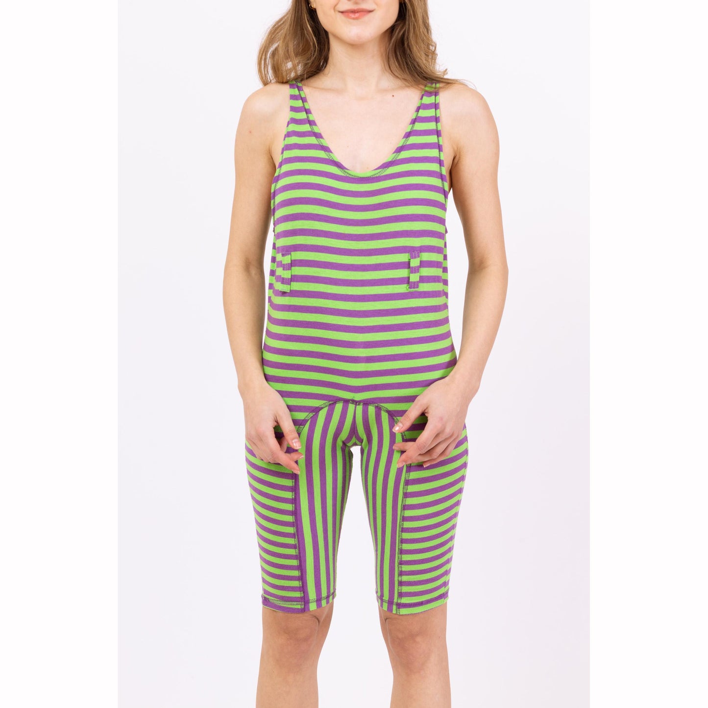 Vintage 80s Green & Purple Striped Fitted Romper - Petite XXS | Biker Shorts Jumpsuit, Sleeveless Scoop Neck Playsuit, Aerobics Leotard