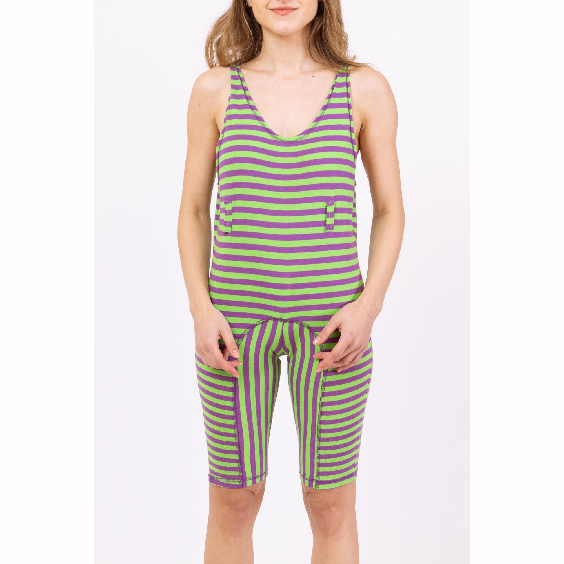Vintage 80s Green & Purple Striped Fitted Romper - Petite XXS | Biker Shorts Jumpsuit, Sleeveless Scoop Neck Playsuit, Aerobics Leotard