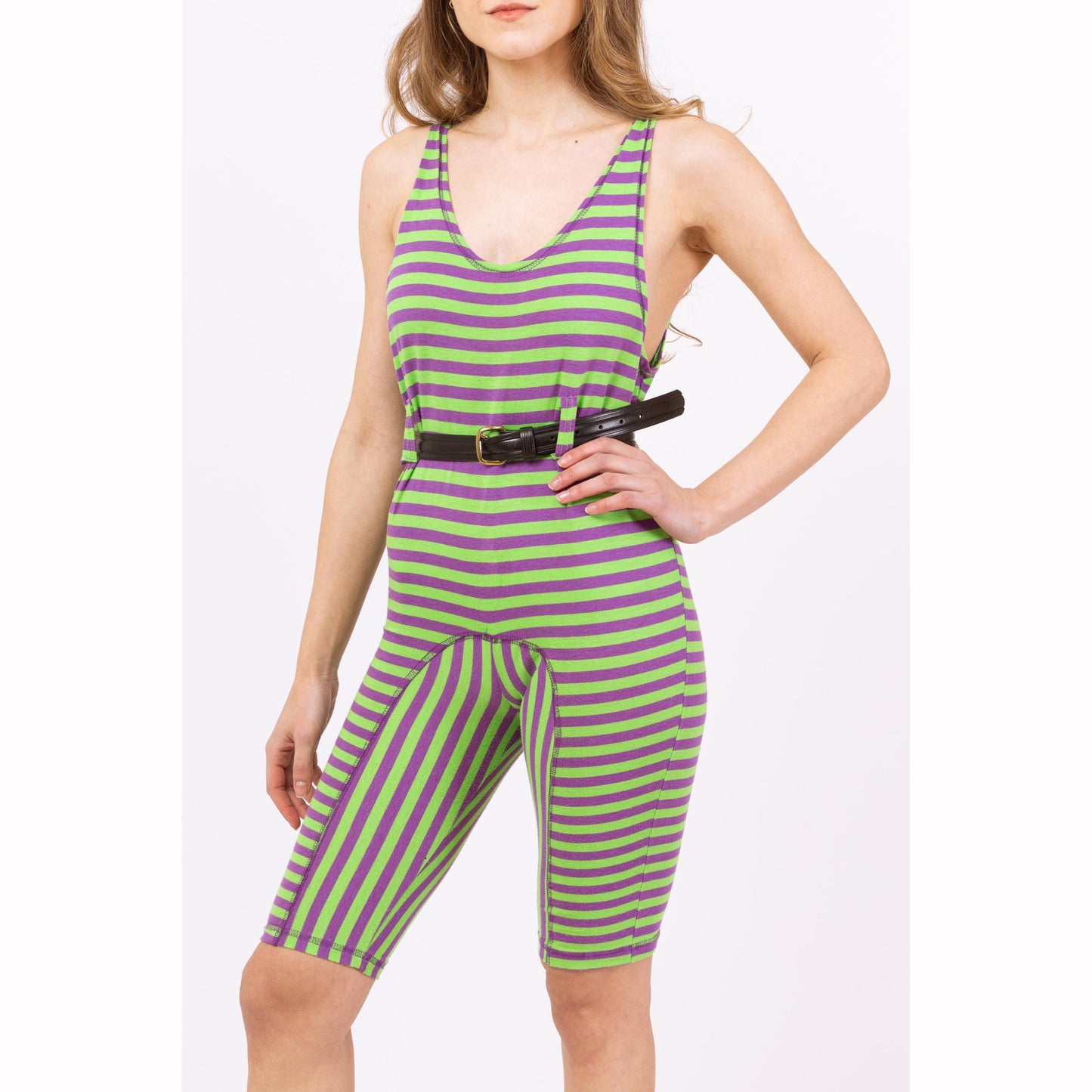Vintage 80s Green & Purple Striped Fitted Romper - Petite XXS | Biker Shorts Jumpsuit, Sleeveless Scoop Neck Playsuit, Aerobics Leotard