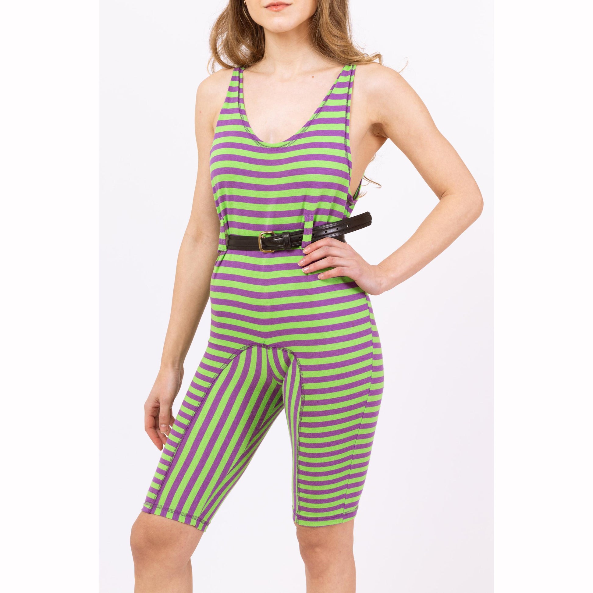 Vintage 80s Green & Purple Striped Fitted Romper - Petite XXS | Biker Shorts Jumpsuit, Sleeveless Scoop Neck Playsuit, Aerobics Leotard