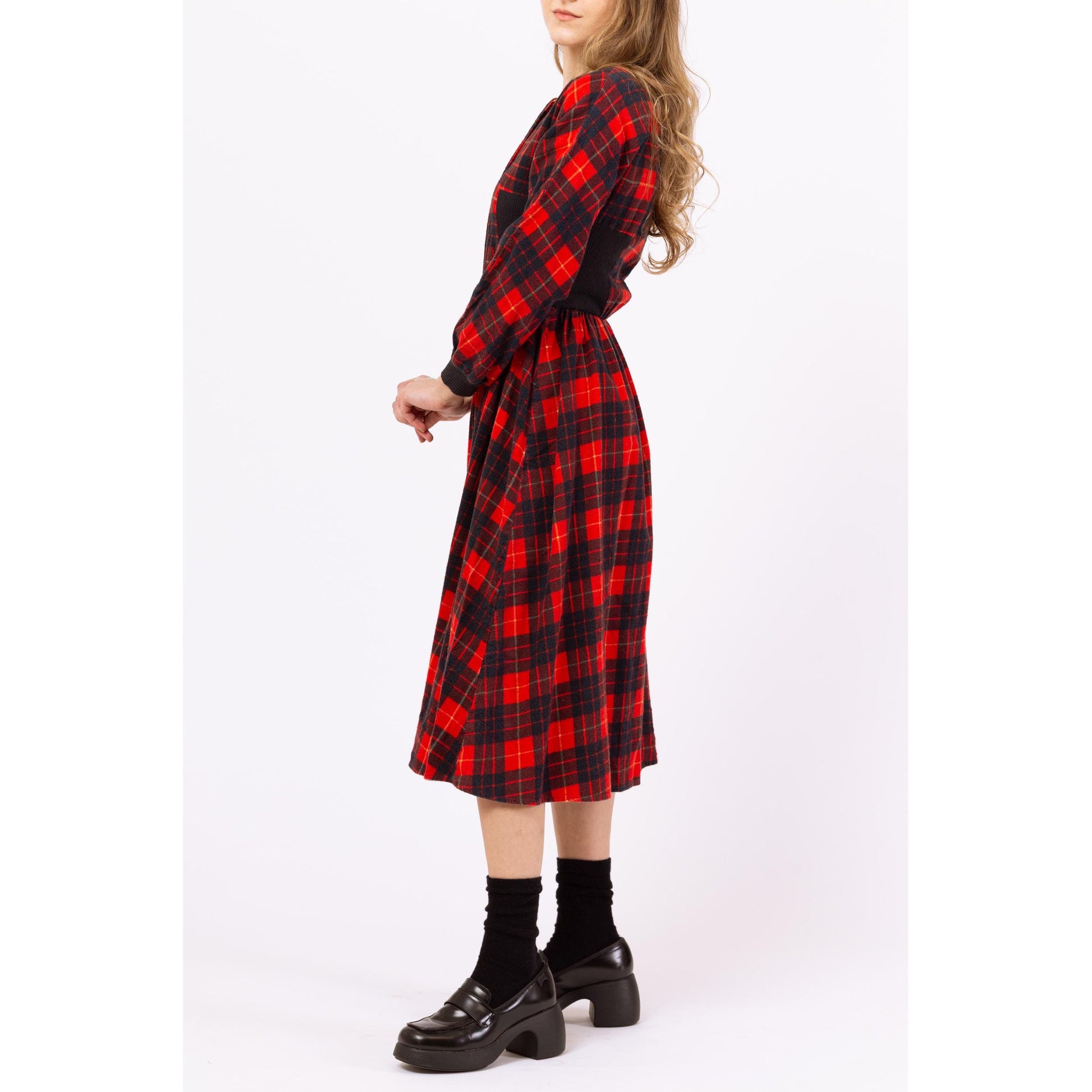 Vintage 80s Red & Black Plaid Cotton Flannel Midi Dress – XXS | Fit Flare Shirtdress, Long Sleeve Retro Dress
