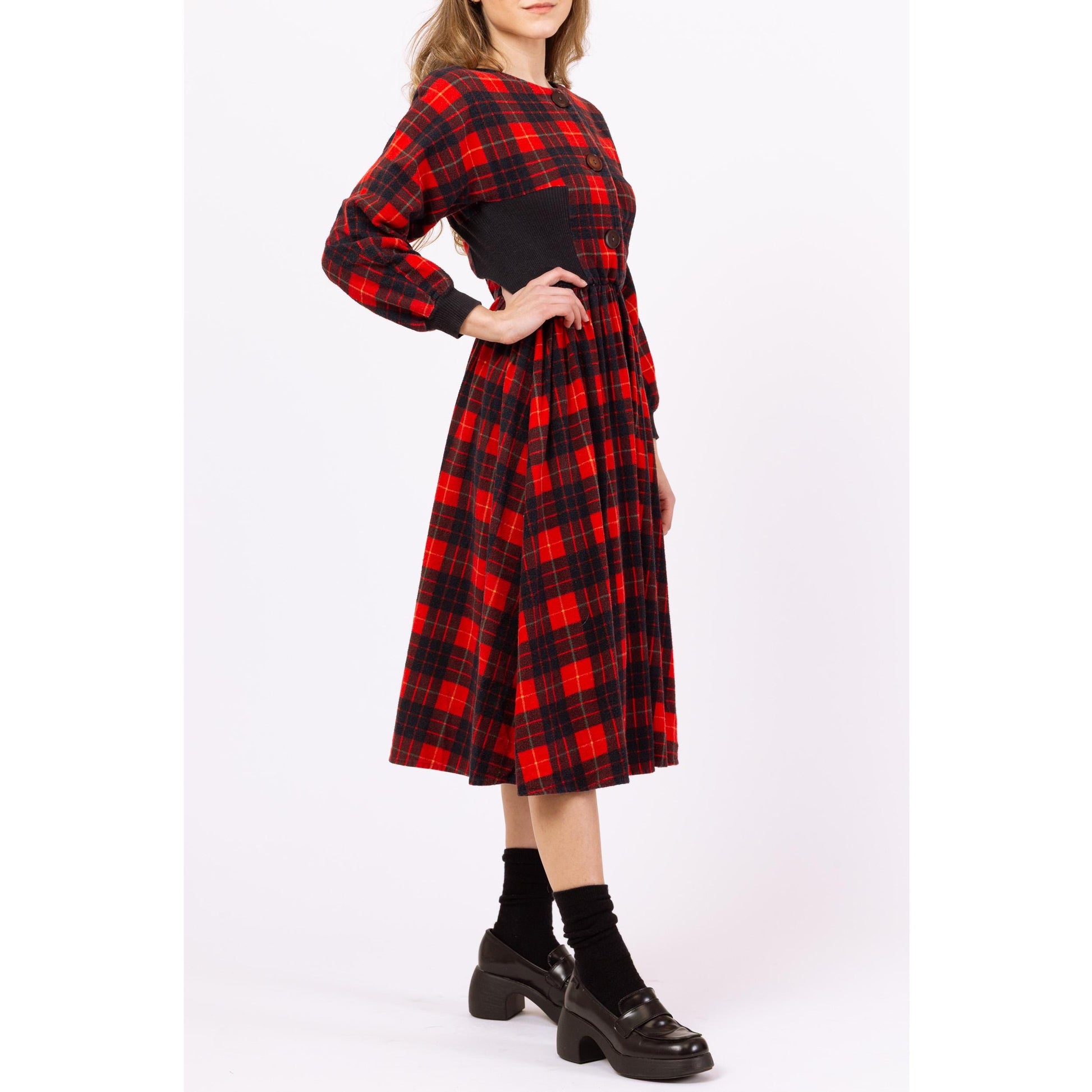 Vintage 80s Red & Black Plaid Cotton Flannel Midi Dress – XXS | Fit Flare Shirtdress, Long Sleeve Retro Dress