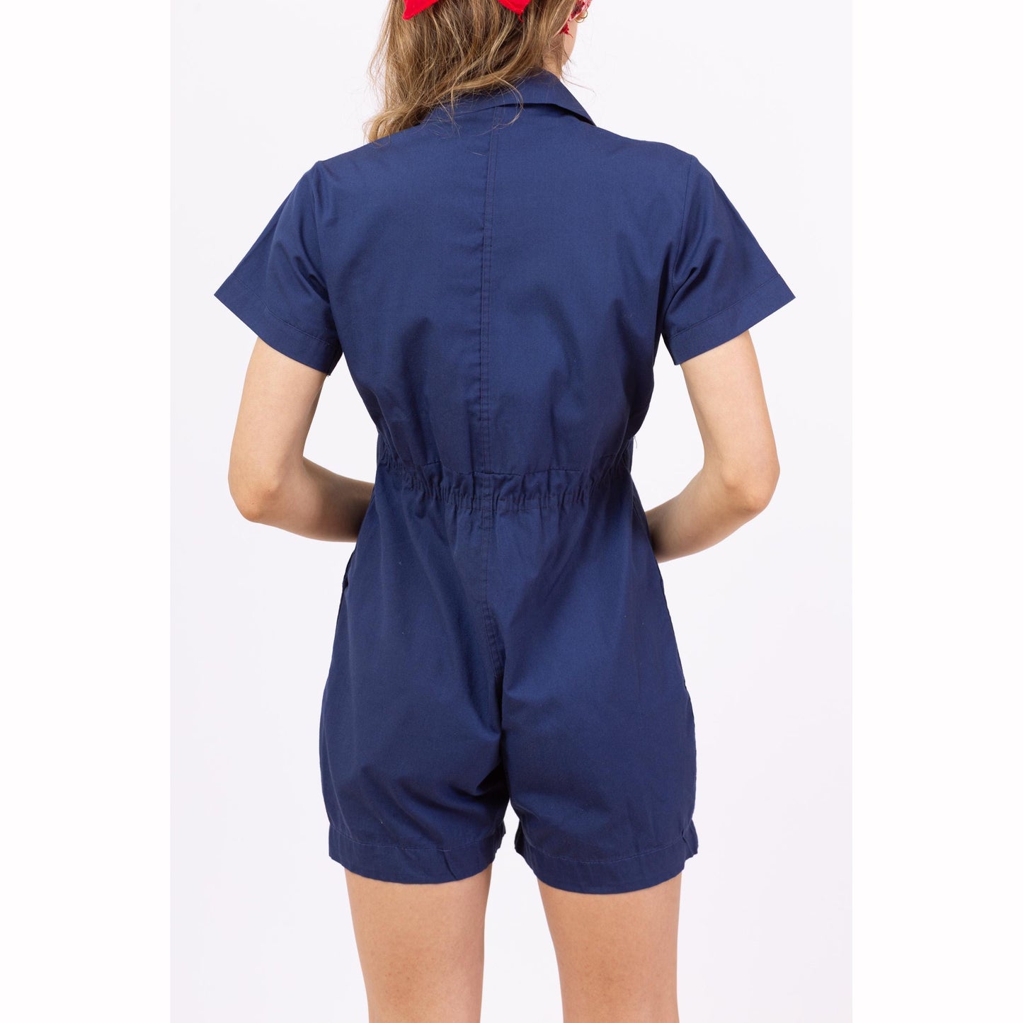 Vintage 1950s Navy Blue Gym Uniform Romper - Petite XXS | Retro 50s Playsuit, Short Sleeve Snap Front Cotton Blend P.E. Outfit