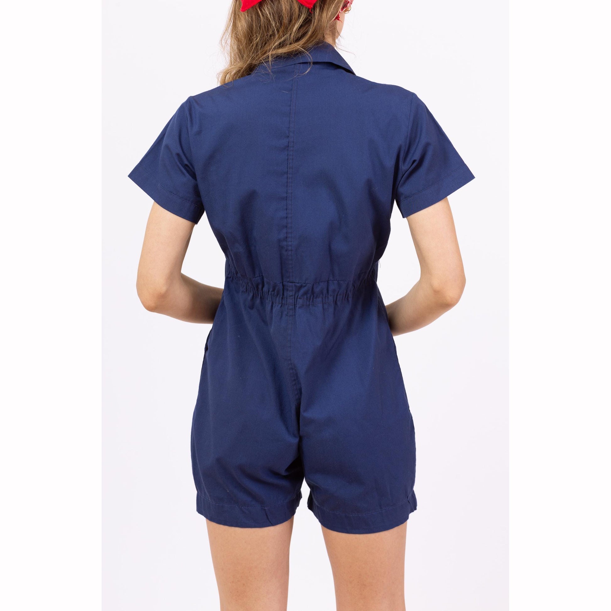 Vintage 1950s Navy Blue Gym Uniform Romper - Petite XXS | Retro 50s Playsuit, Short Sleeve Snap Front Cotton Blend P.E. Outfit