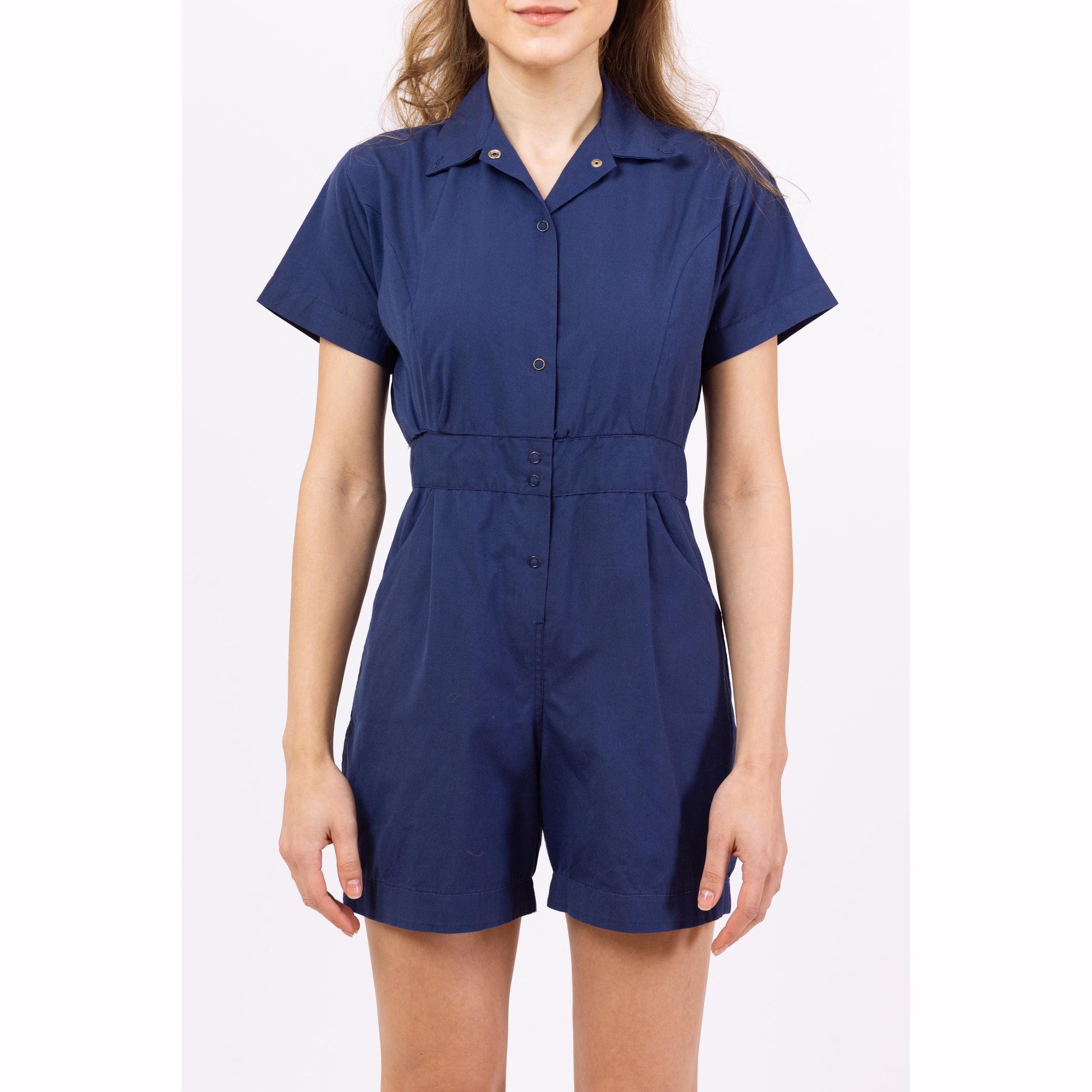 Vintage 1950s Navy Blue Gym Uniform Romper - Petite XXS | Retro 50s Playsuit, Short Sleeve Snap Front Cotton Blend P.E. Outfit