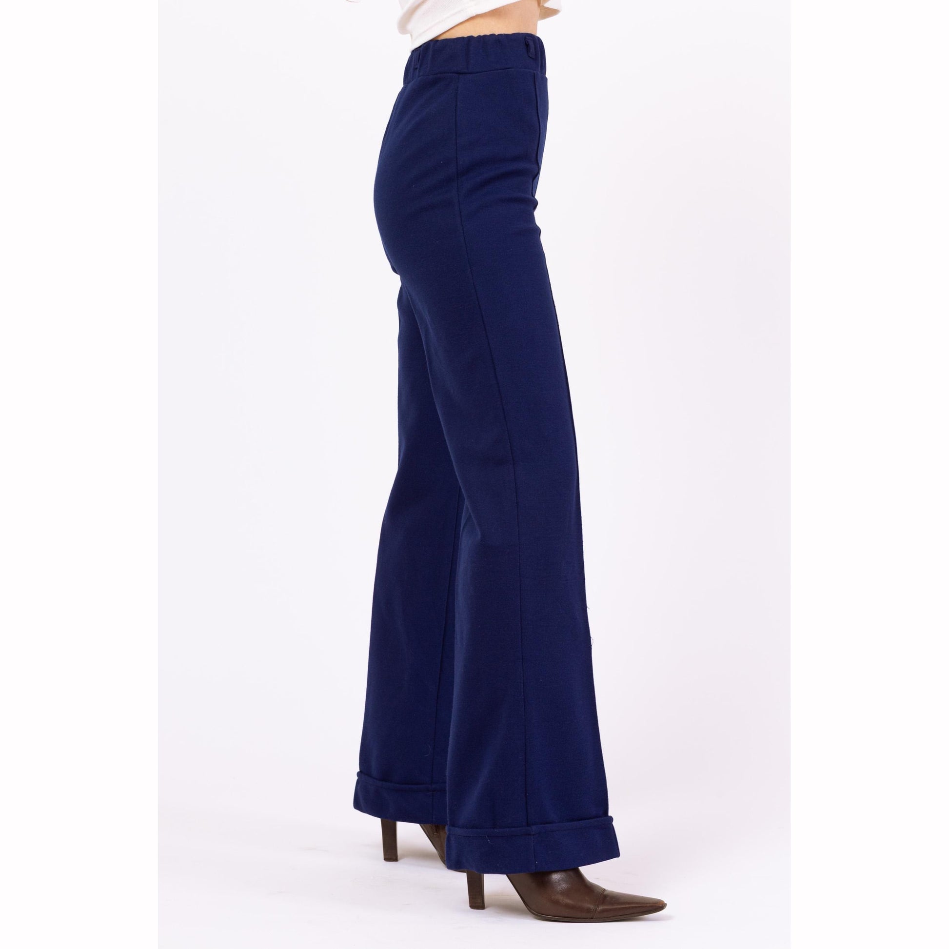 Vintage 70s Navy Blue Knit High Waisted Cuffed Pants - XXS, 22"-24" Waist | Retro Bootcut Leg Casual Stretchy Trousers