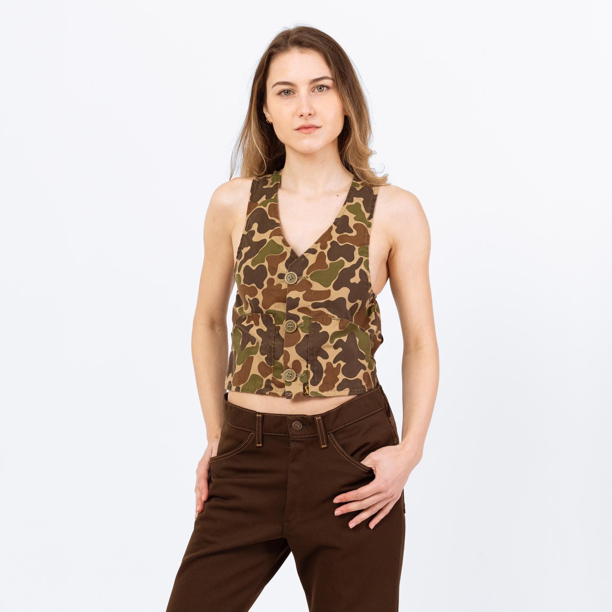 Vintage 80s Duxbak Camo Print Hunting Vest - XXS to XS | Camouflage Canvas Cropped Outdoor Gear
