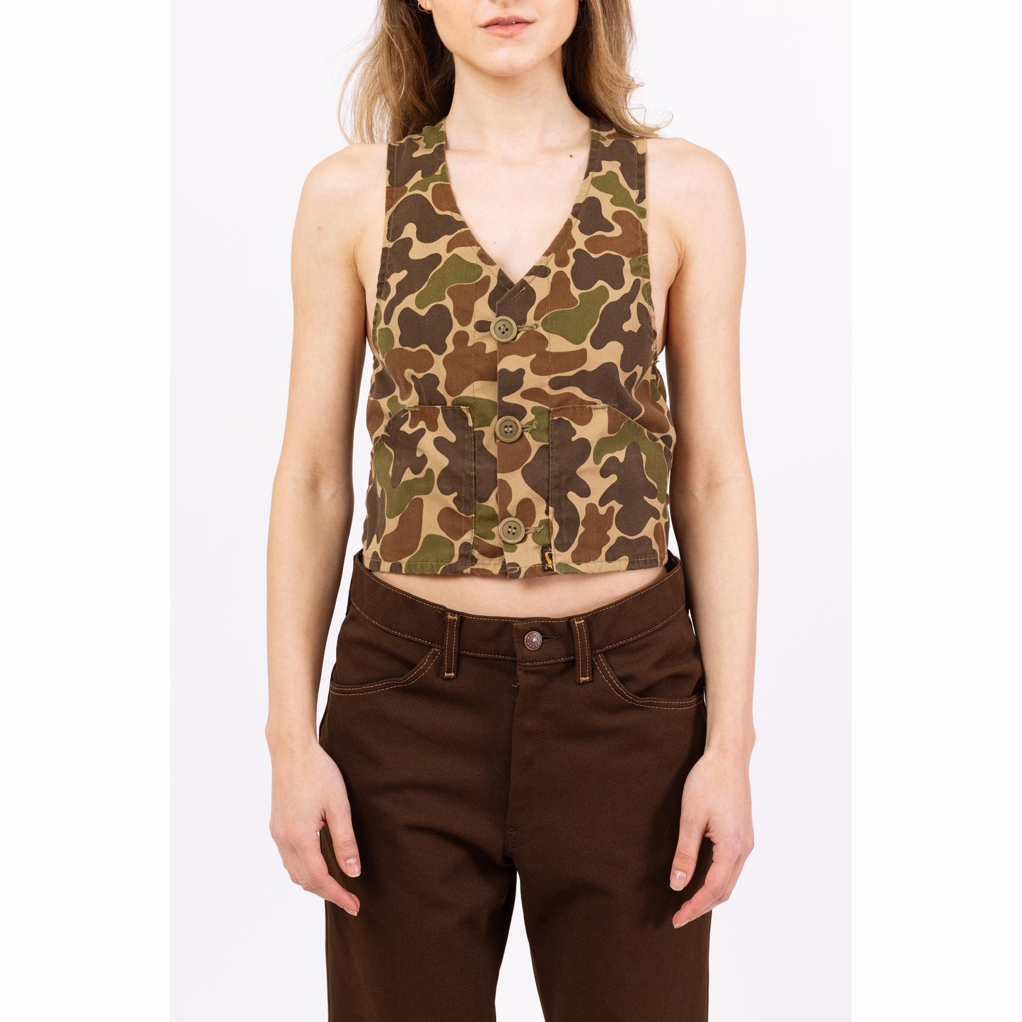 Vintage 80s Duxbak Camo Print Hunting Vest - XXS to XS | Camouflage Canvas Cropped Outdoor Gear