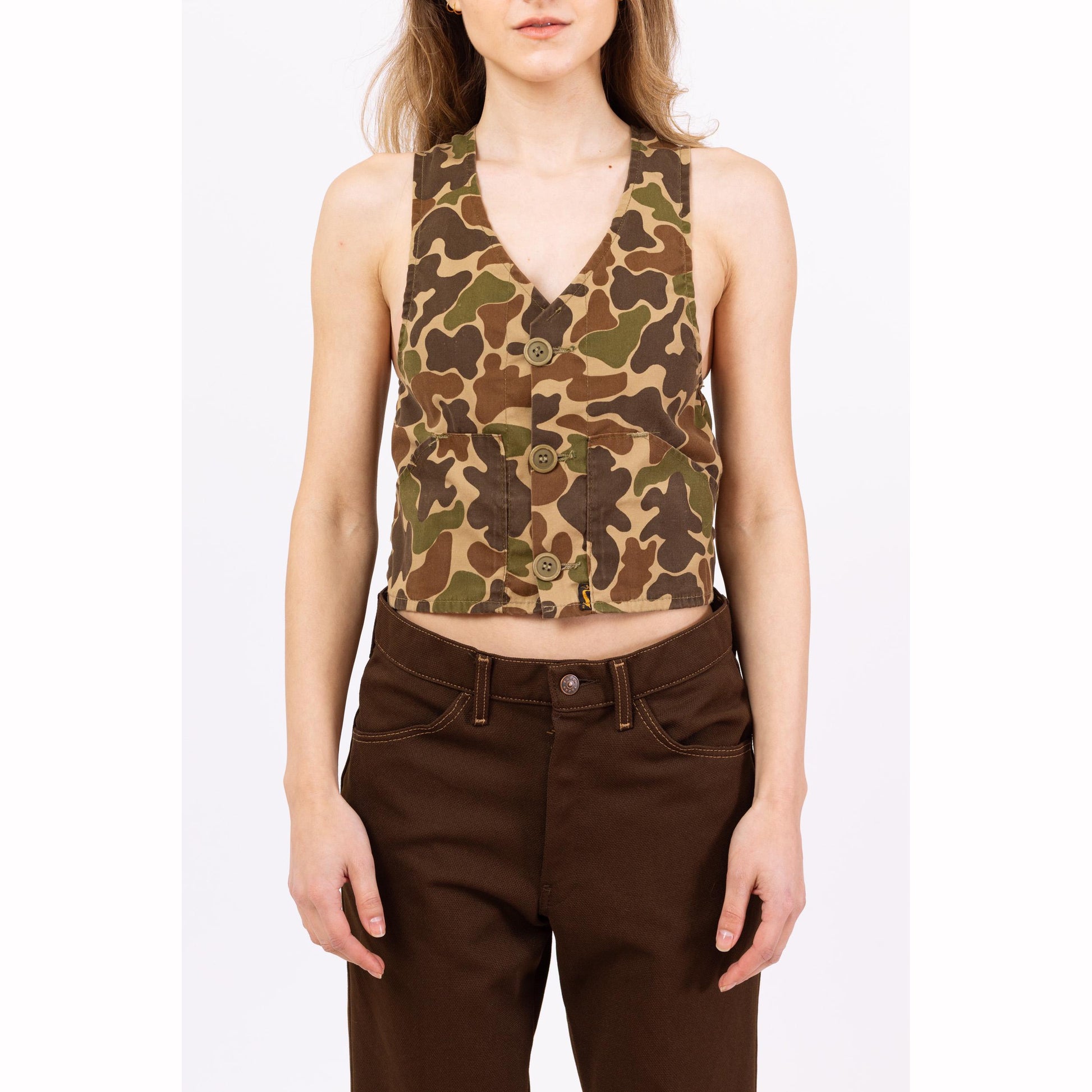 Vintage 80s Duxbak Camo Print Hunting Vest - XXS to XS | Camouflage Canvas Cropped Outdoor Gear