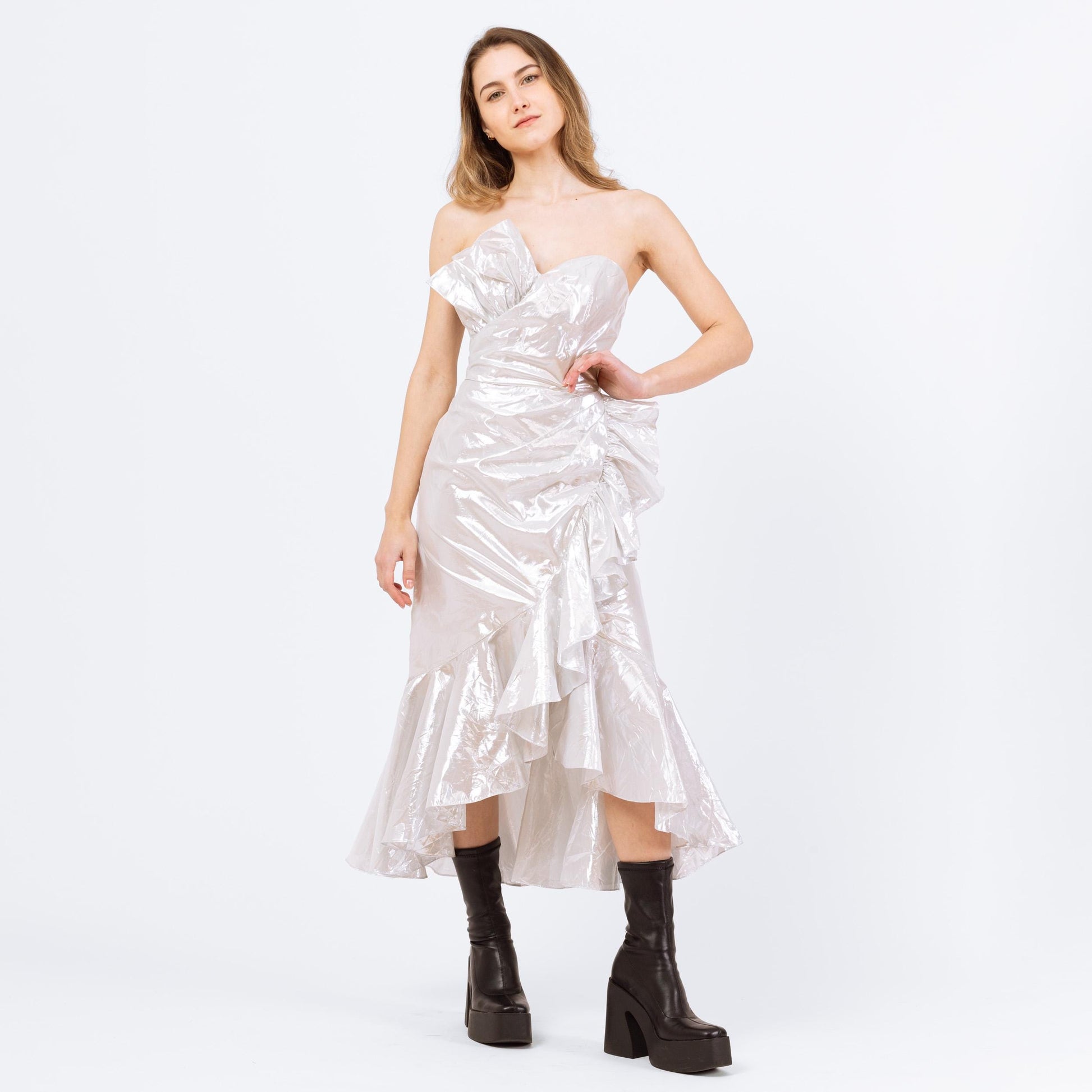 Vintage 80s Silver Metallic Strapless Fishtail Party Dress - XXS | Retro Prom Gown, Formal Ruffled High Low Hem Midi Mermaid Dress