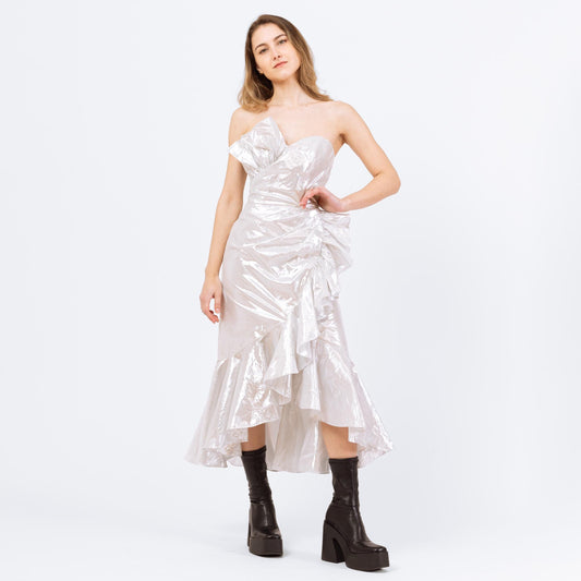 Vintage 80s Silver Metallic Strapless Fishtail Party Dress - XXS | Retro Prom Gown, Formal Ruffled High Low Hem Midi Mermaid Dress