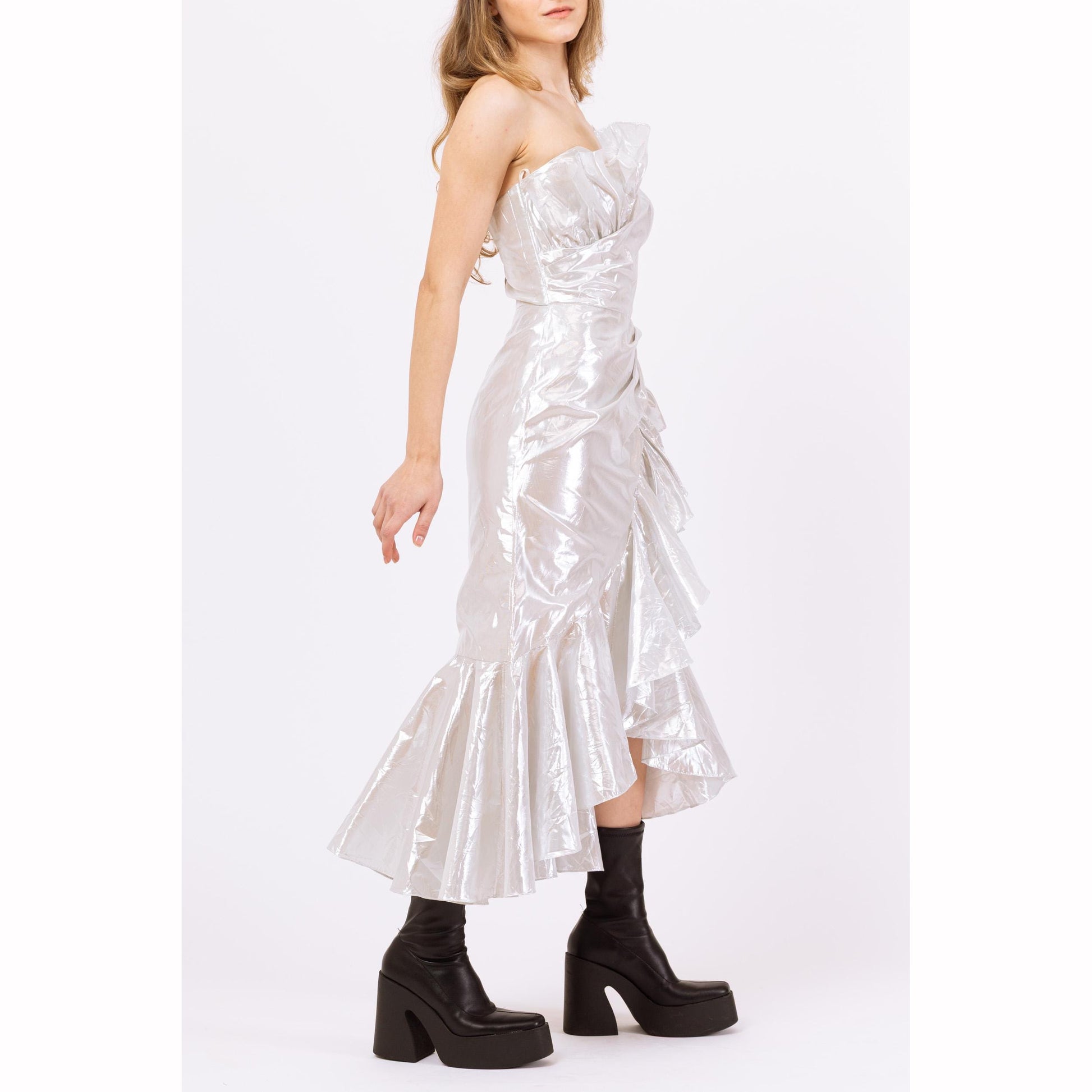 Vintage 80s Silver Metallic Strapless Fishtail Party Dress - XXS | Retro Prom Gown, Formal Ruffled High Low Hem Midi Mermaid Dress